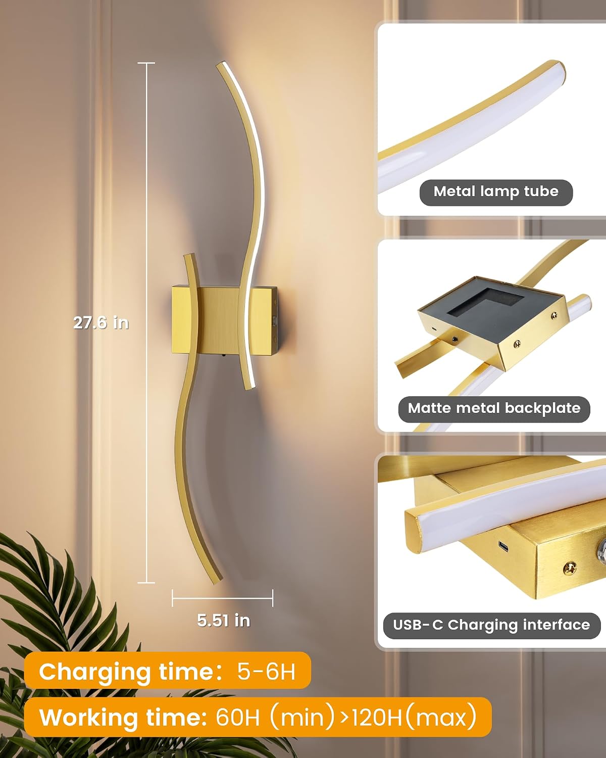 27.6 Inch Battery Operated Wall Sconce Set of 2, Gold Modern Rechargeable Wall Lights with Remote, 3CCT Dimmable