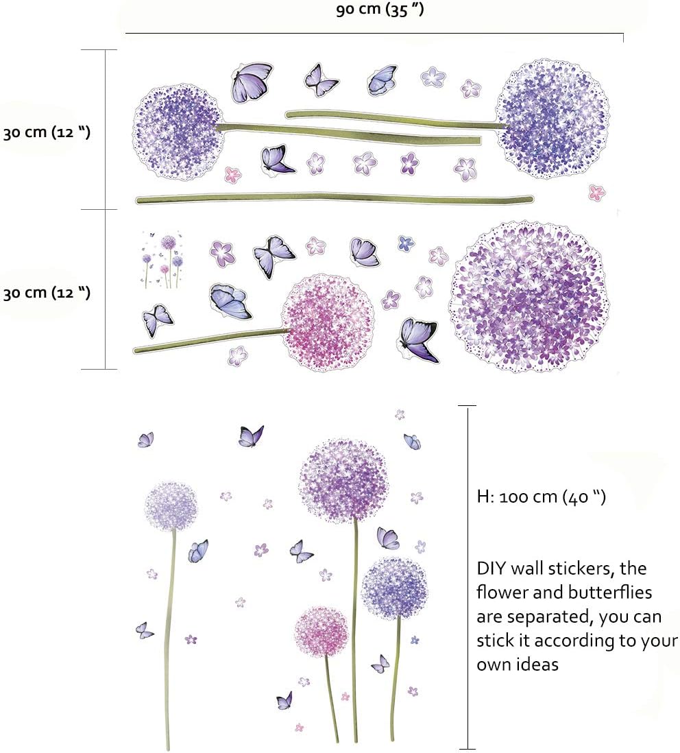 Flower Wall Decals Dandelion Butterfly Wall Stickers / Purple Flower and Butterfly
