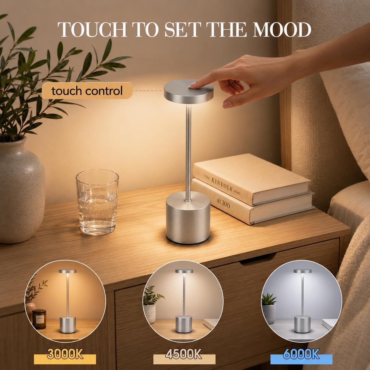 AUDLES Silver Rechargeable Table Lamps 2 Pack, Cordless Battery Operated LED Desk Lamp with Touch Control, 3 Color