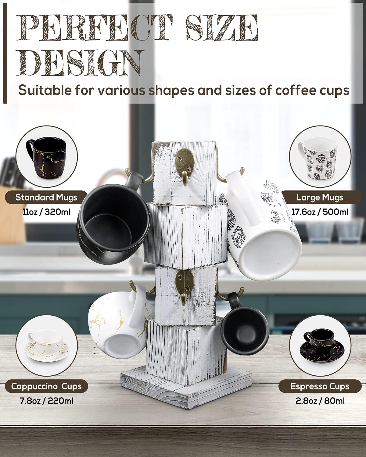 Coffee Mug Holder for Counter, Rustic Solid Wood Mug Tree | Farmhouse Wooden Coffee Cup Rack with 8 Hooks (Farmhouse