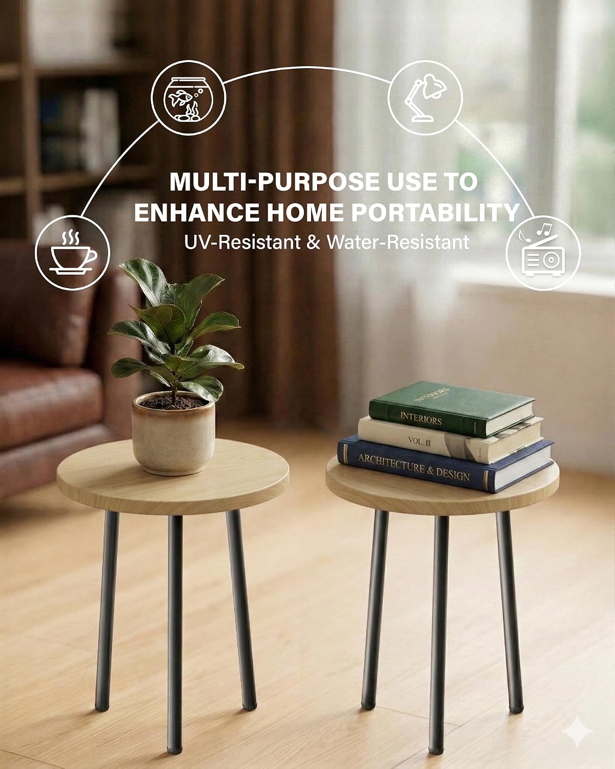 Plant Stand Indoor 2 Pack: Plant Table 14'' Wooden & Metel Plants Stool | Mid Century Modern Design for Bedroom/Living