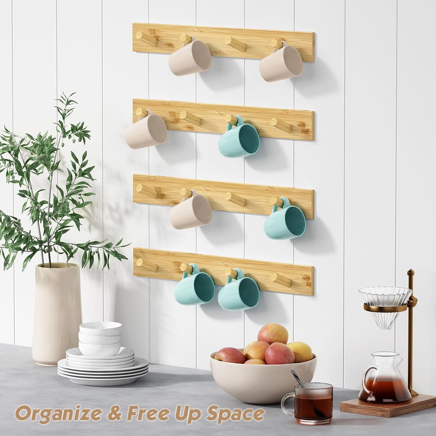 Forbena Natural Wood Coat Rack Wall Mount Set of 4, Wooden Wall Hooks for Bathroom Towels, Vertical Coat Hanger for