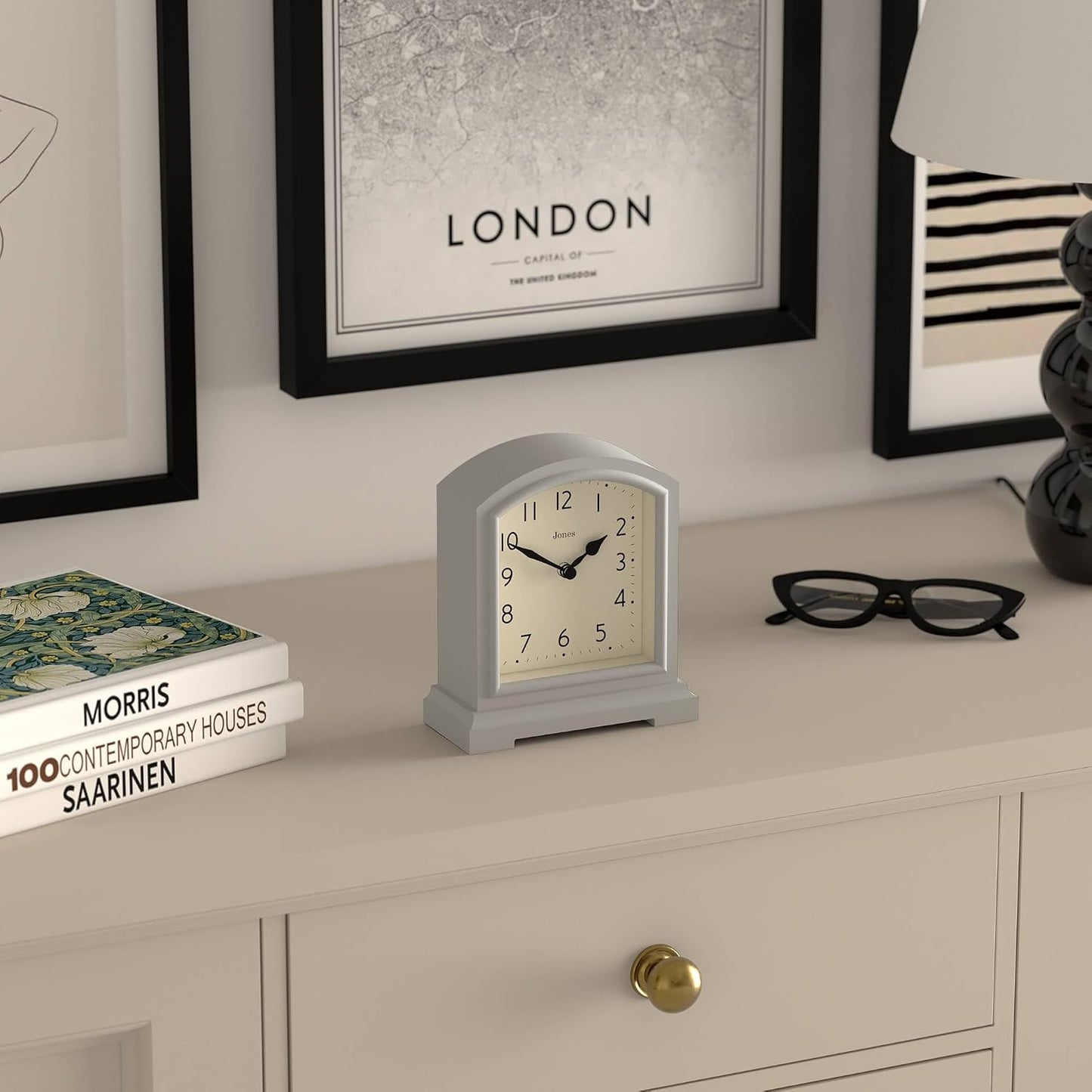 JONES CLOCKS® Tavern Mantel Clock | Modern Arch top Design | Pale Gray | Contemporary Classic Style for Desk, Table