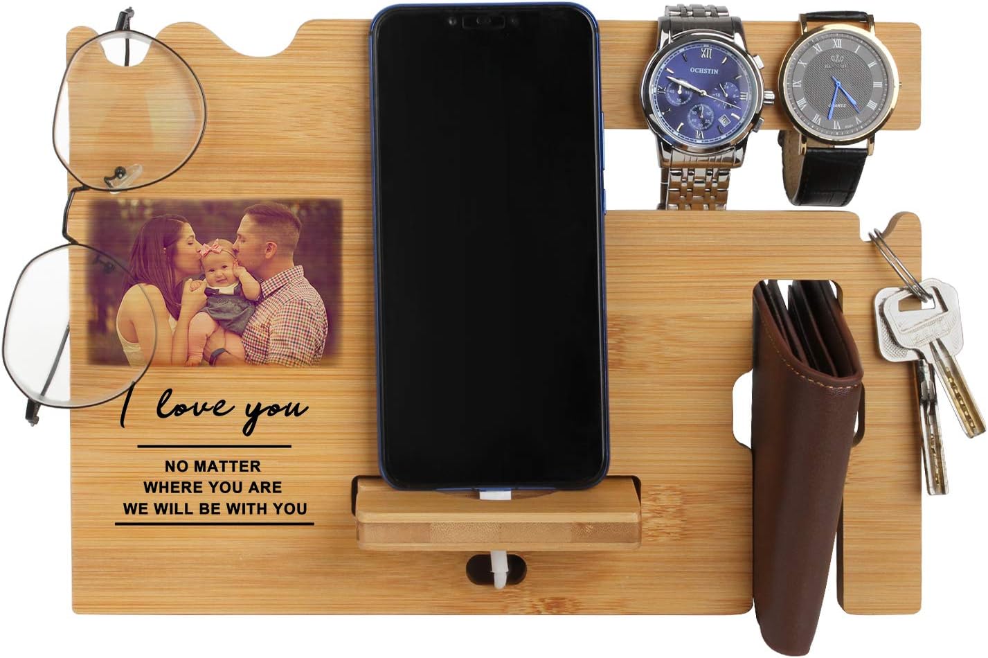 Gifts For Men - Wood Phone Docking Station Personalized - Engraved Nightstand Organizer With Phone Stand, Phone Holder