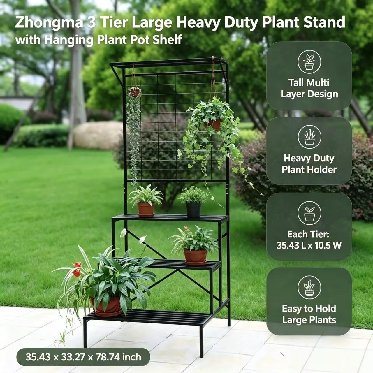 Zhongma 3 Tier Large Heavy Duty Plant Stand with Hanging Plant pot shelf, 35.43 x 33.27 x 78.74, Tall multi layer Plant