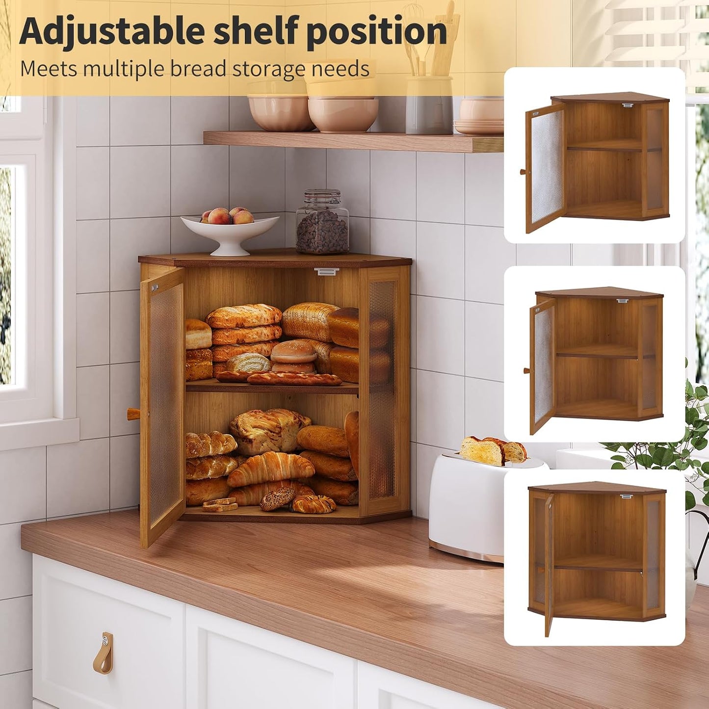 Corner Bread Box for Kitchen Countertop,Bread Storage for Homemade Bread, Double Layer Large Bamboo Kitchen Storage Bin
