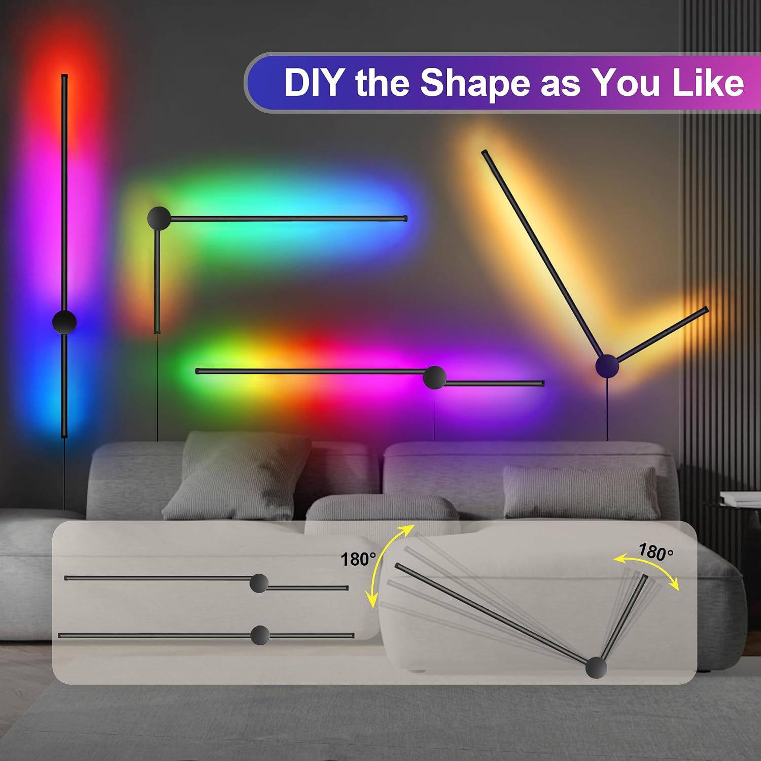 RGB LED Wall Sconces Set of Two with Remote, 15 Color Modes, Dimming, DIY 180° Rotate, Black Plug in Wall Sconces with