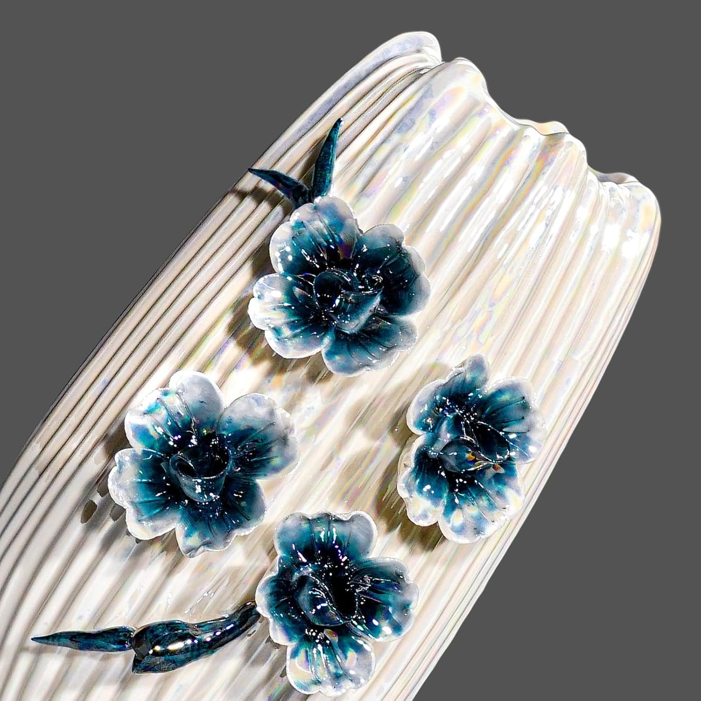 Boho Ceramic Vase / White and Dark Blue / 9 Inch