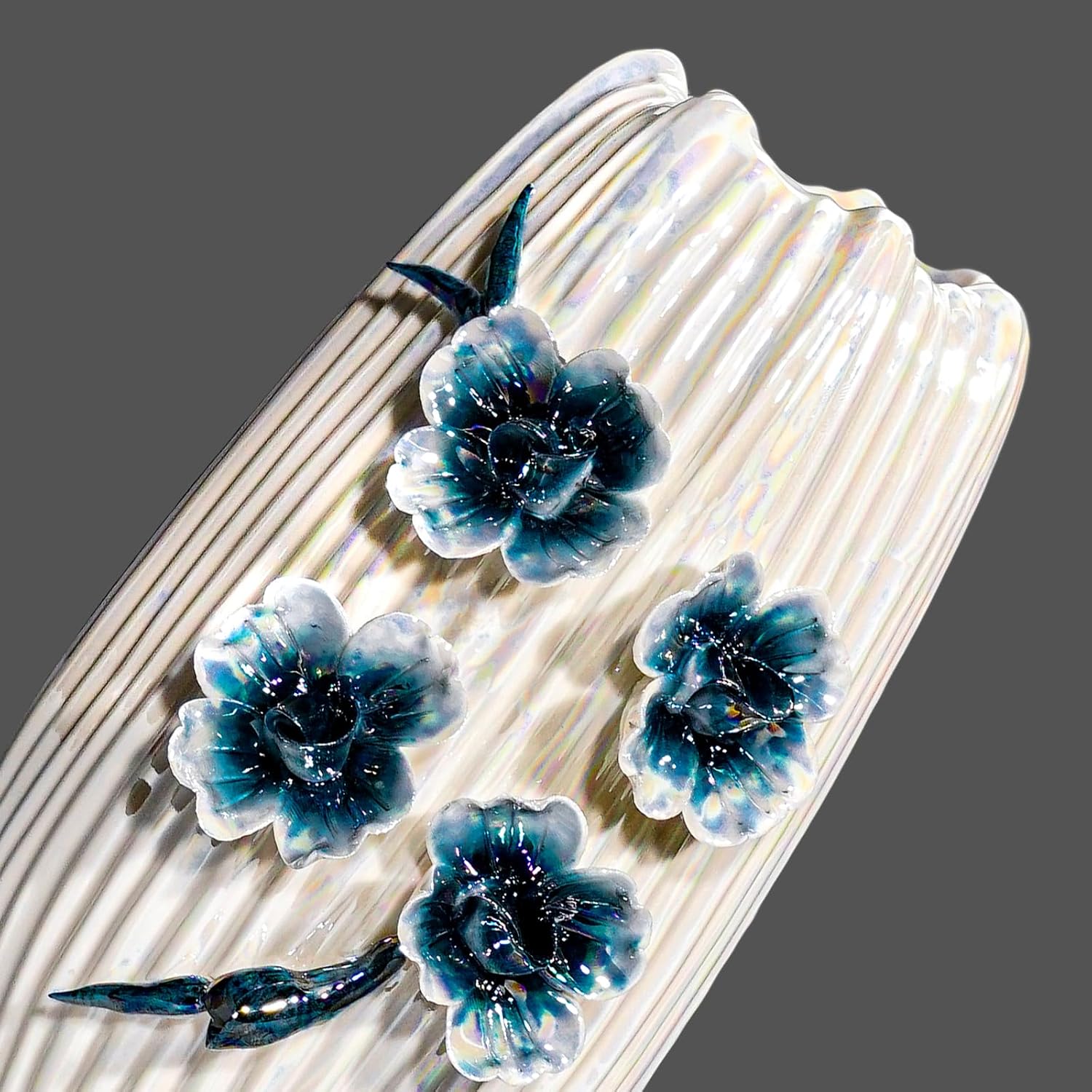 Boho Ceramic Vase / White and Dark Blue / 9 Inch