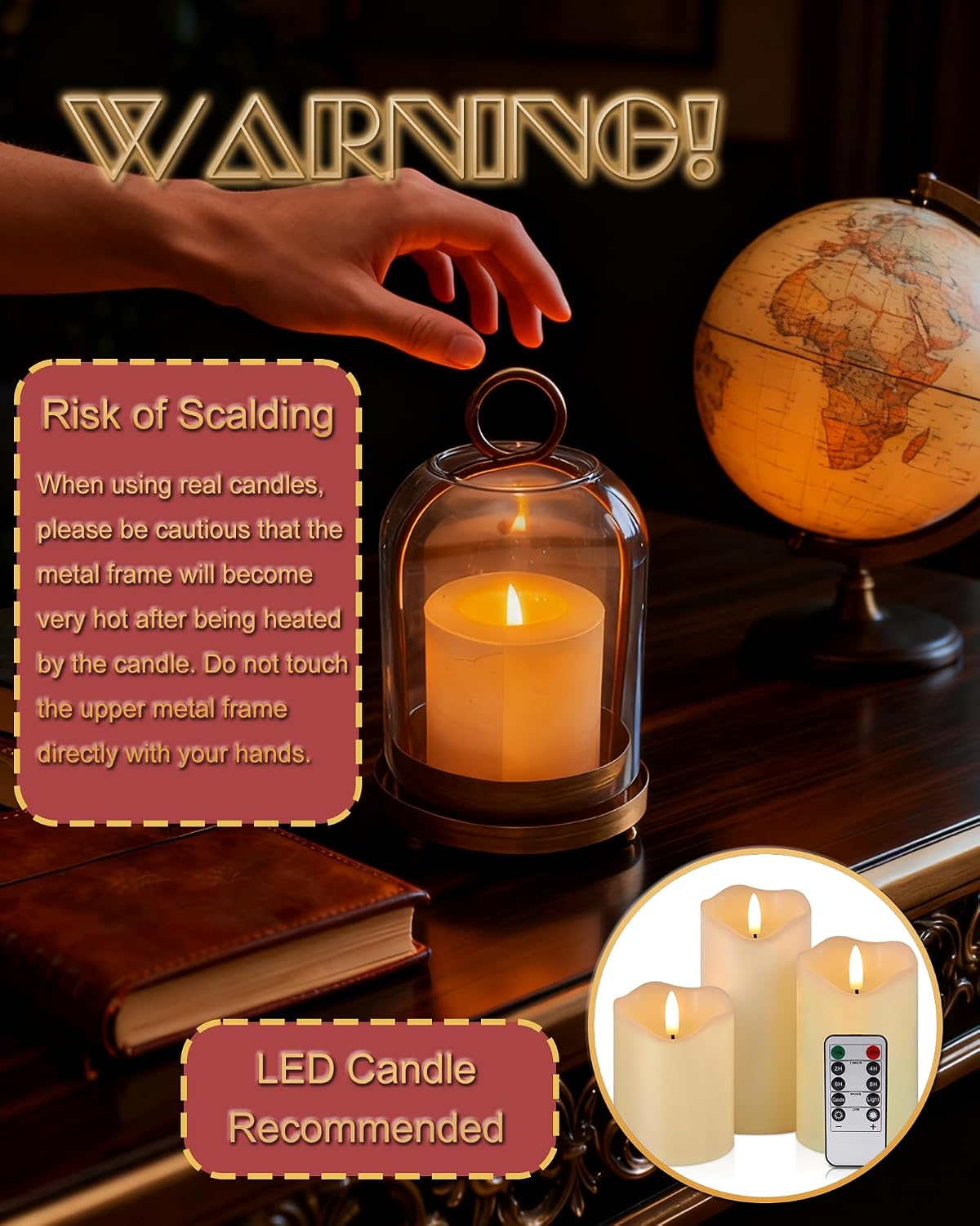 Glass Hurricane Candle Holders for Pillar Candles, Set of 2 (5" & 4" Wide) with Lamp Shape Glass Dome & Brass Base for
