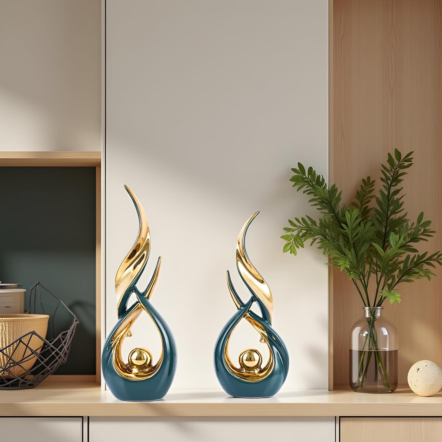 Gold Ceramic Abstract 2 Piece Statue Set / Green