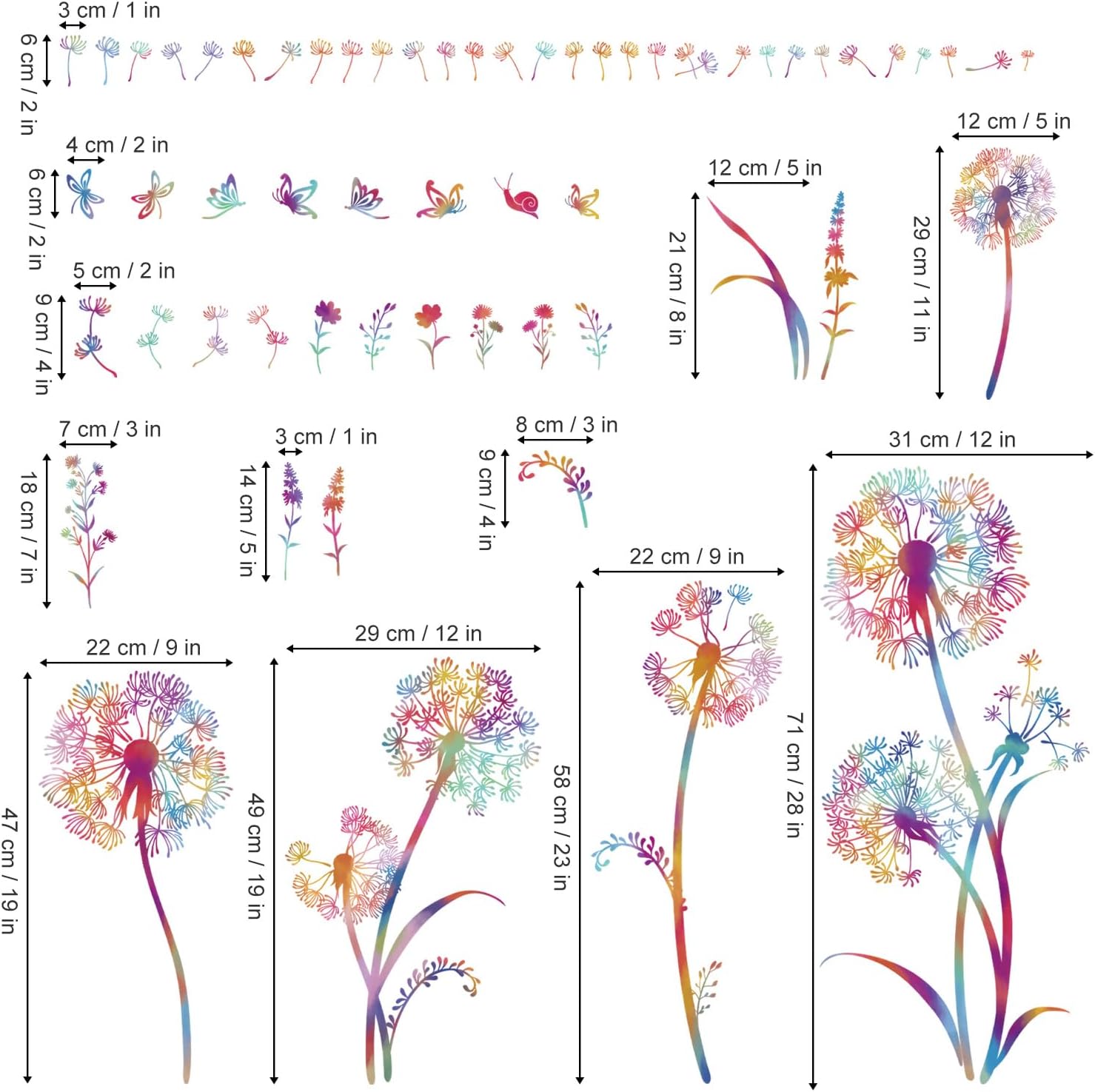 Colorful Blowing Dandelion Wall Decals Flying Flowers Butterflies Floral Peel and Stick Wall Art