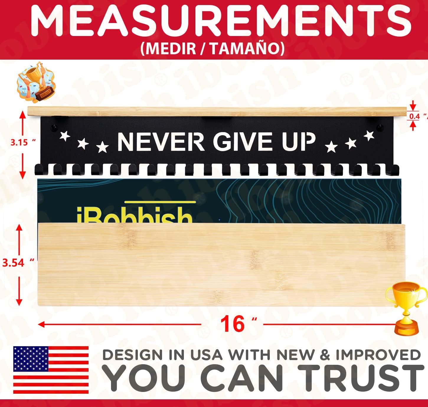 iBobbish Premium Trophy and Medal Display Shelf 16inchL,Metal Trophy Shelf with Hooks Upgraded,Large Bamboo Trophy
