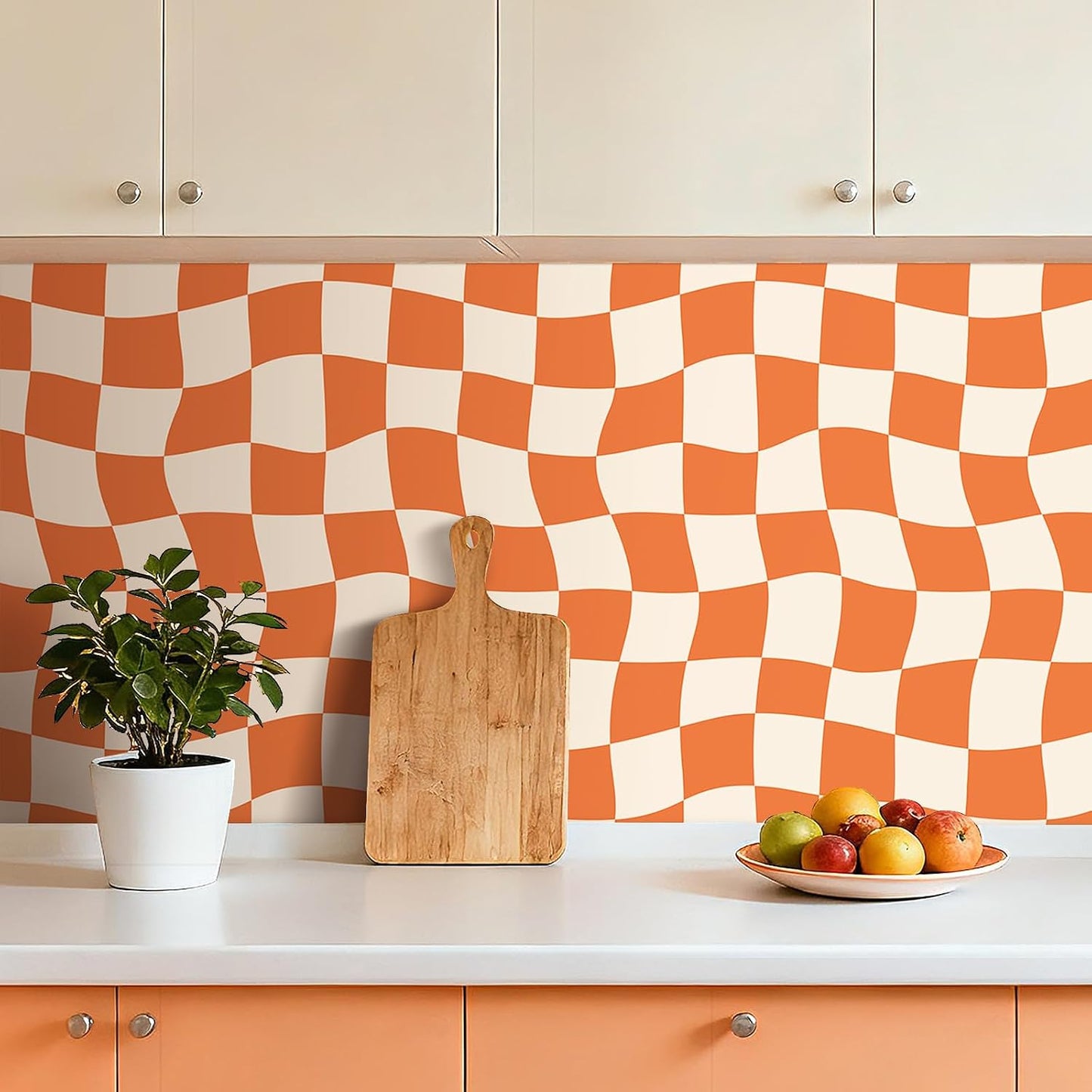Wallpaper Peel and Stick Burnt Beige Pink Checkered Contact / 17.5 x 80 / Retro Checkered / Orange