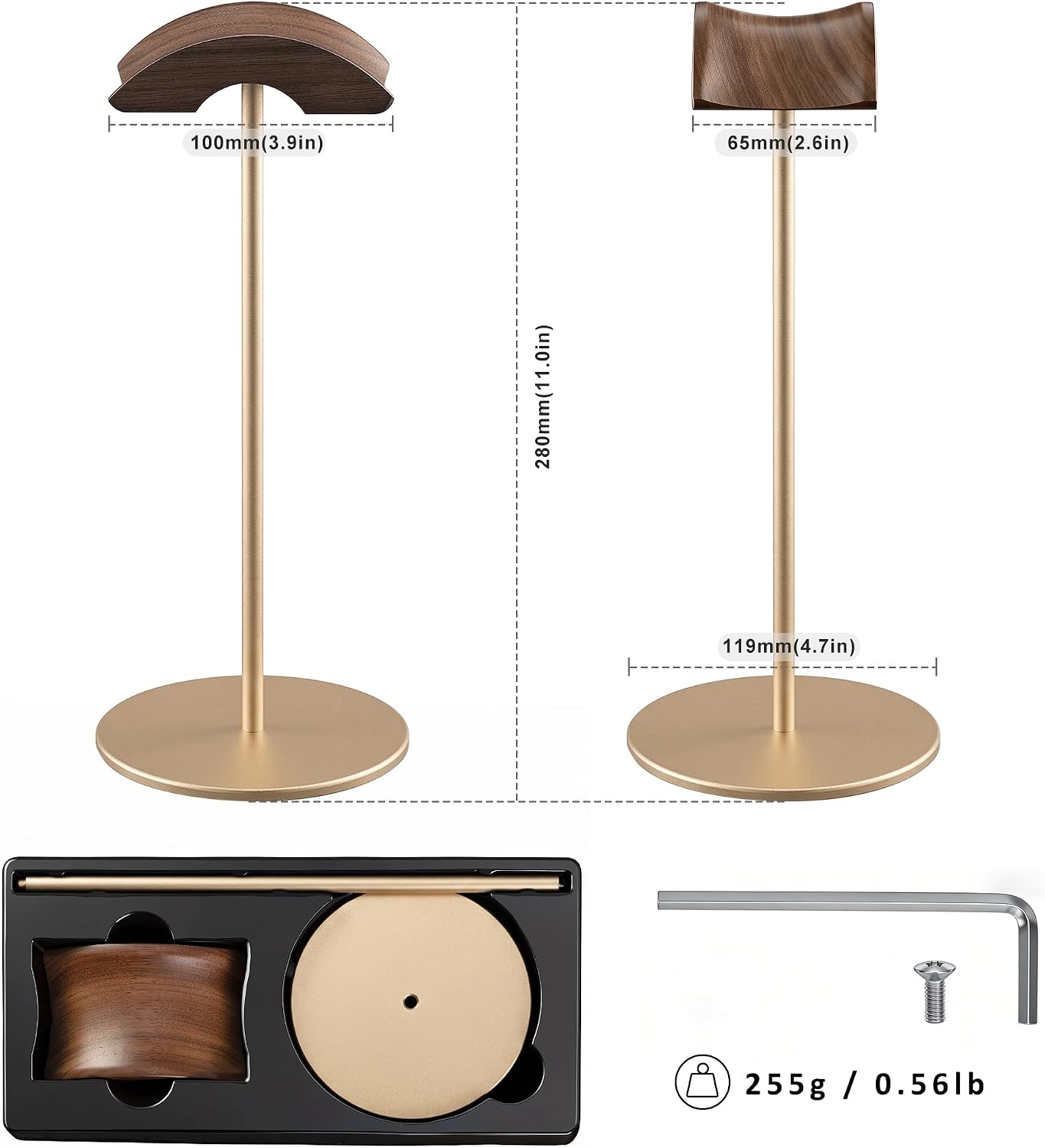 Headphone Stand, Walnut Wood & Aluminum Headset Stand, Nature Walnut Gaming Headset Holder with Solid Heavy Base for