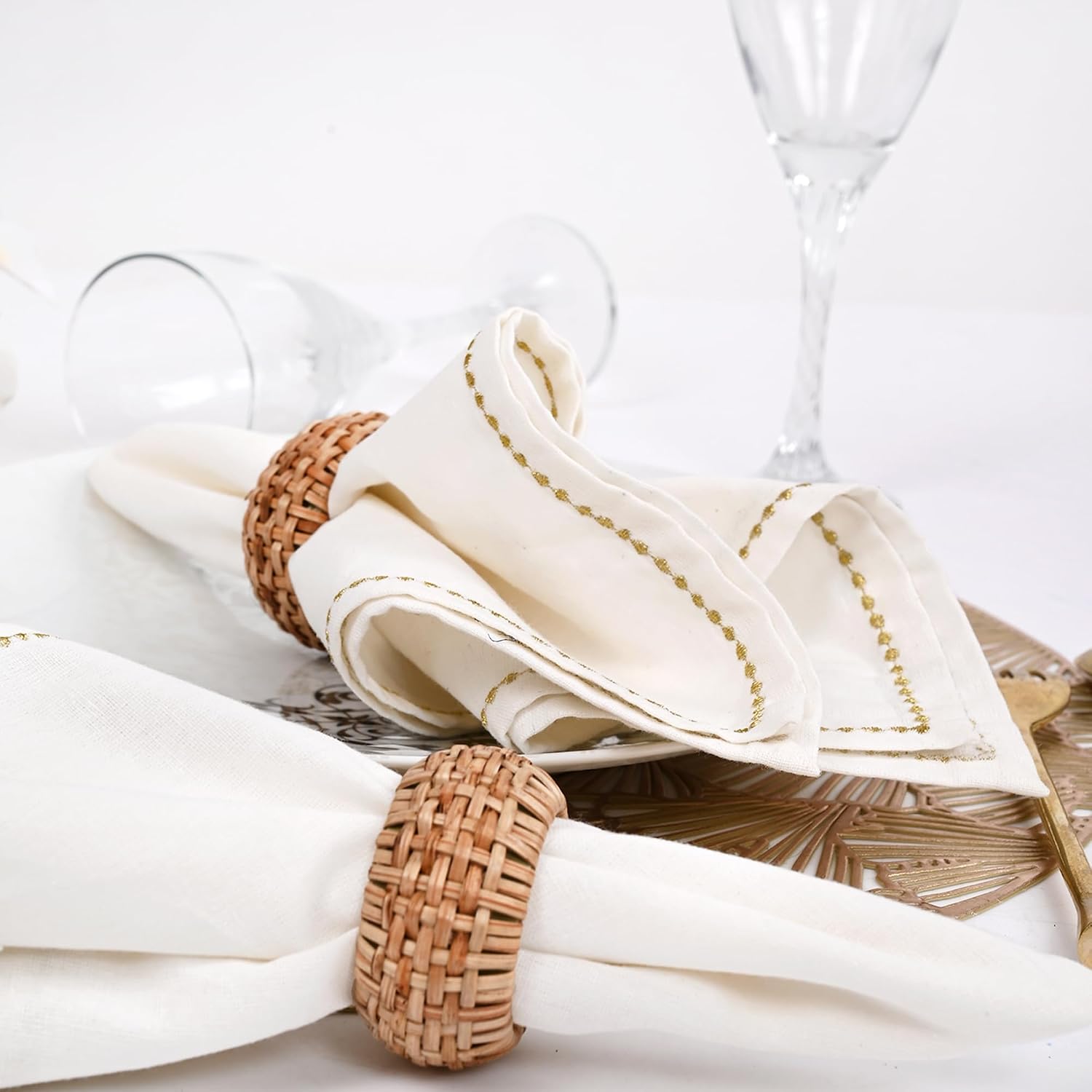 Woven Jute Napkin Rings, Set of 12, Natural Rattan | Handmade rattan, plastic base, 2.5x2.5x1 in each, set of 12