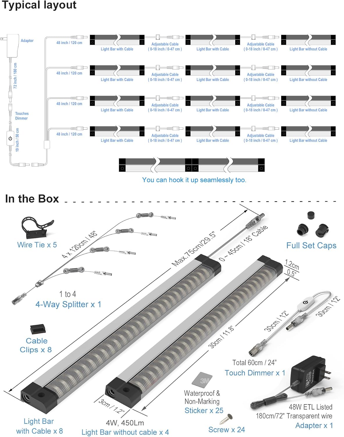 EBD LED Under Shelf Lights, 4-Way Splitter Light Bar, 12-Panel Cabinet Lighting, 4500K 5400Lm Counter Lights with