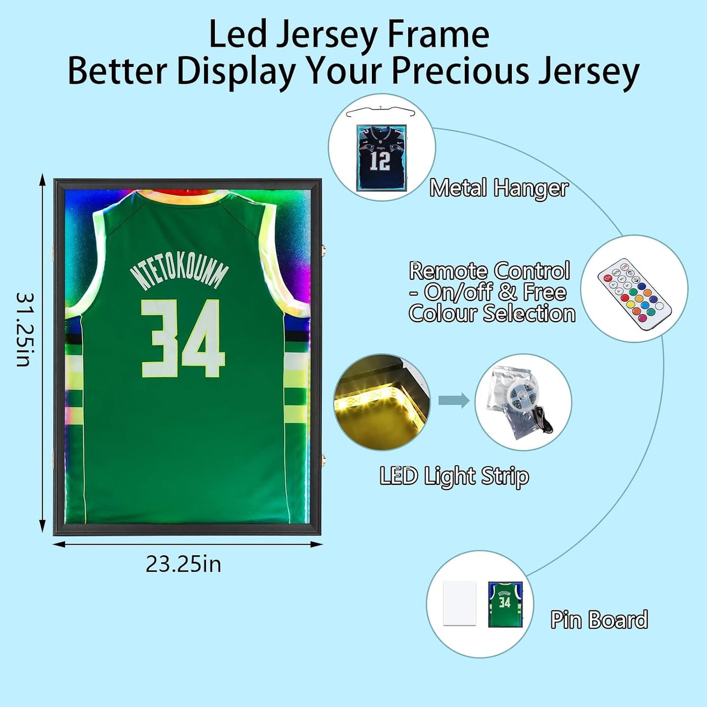 IHEIPYE LED Jersey Frame Display Case - Shadow Box with LED Light - Black Lock, UV Resistant Acrylic Wall Mount Display