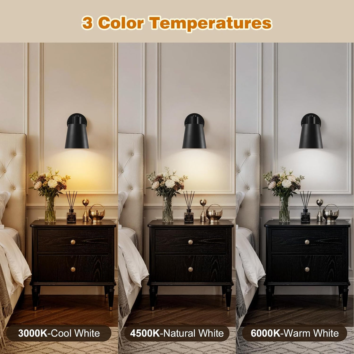 Black Battery Operated Wall Sconces Set of Two with Remote, Rechargeable Battery Powered Wall Lights, 3 Color