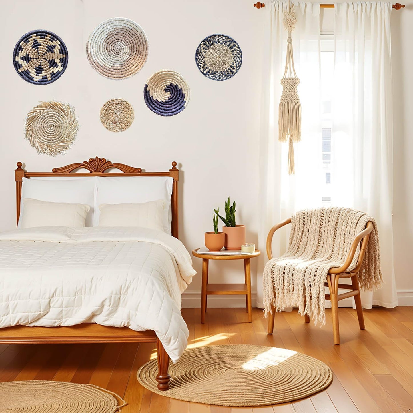 Boho Round Handmade Wall Basket Decor / Bohemian / Natural / Set of 6