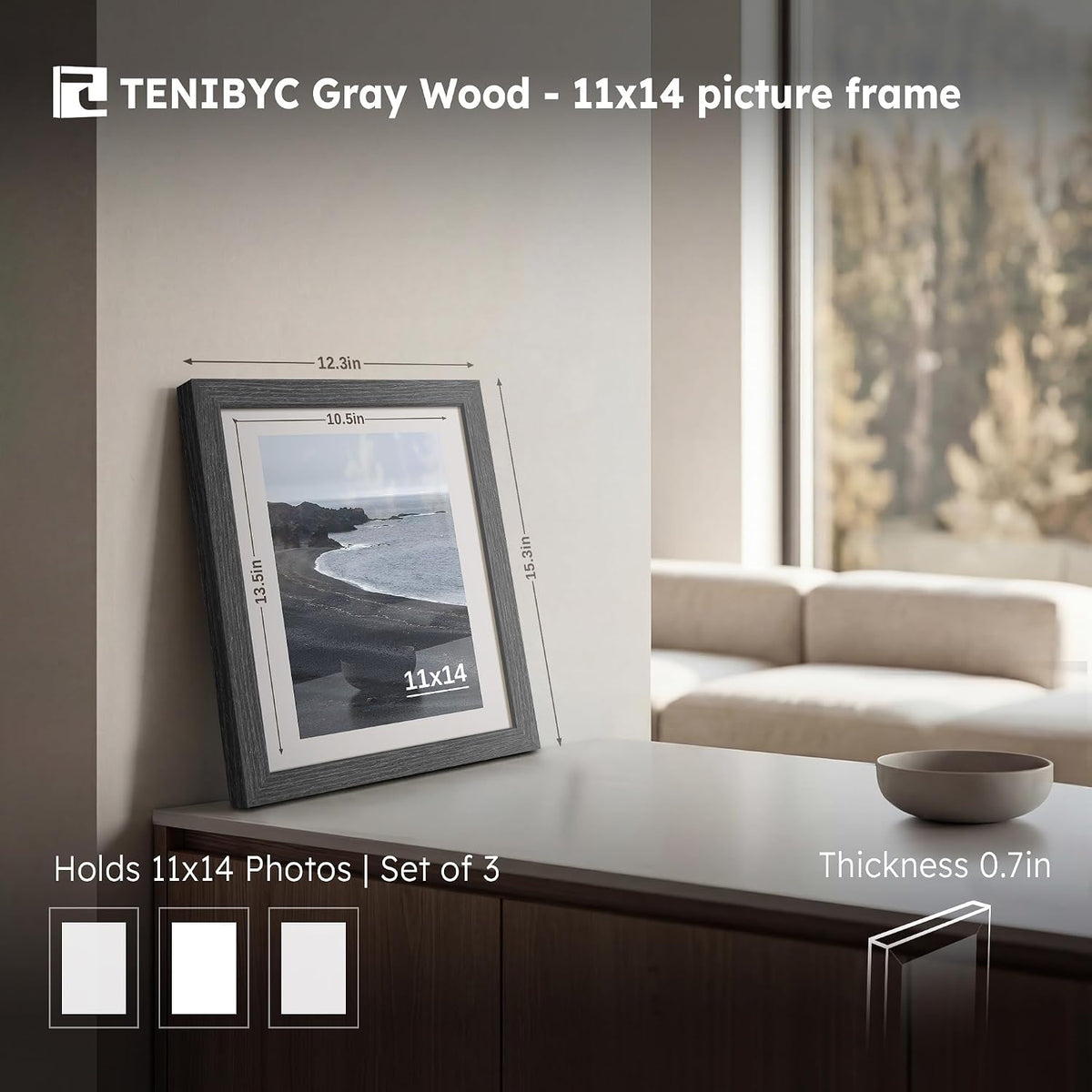 11x14 Picture Frame 3 Pack, Grey Wood, Real Glass, for Photo, Art | Thick HD Tempered Glass, Wall Hanging, Horizontal