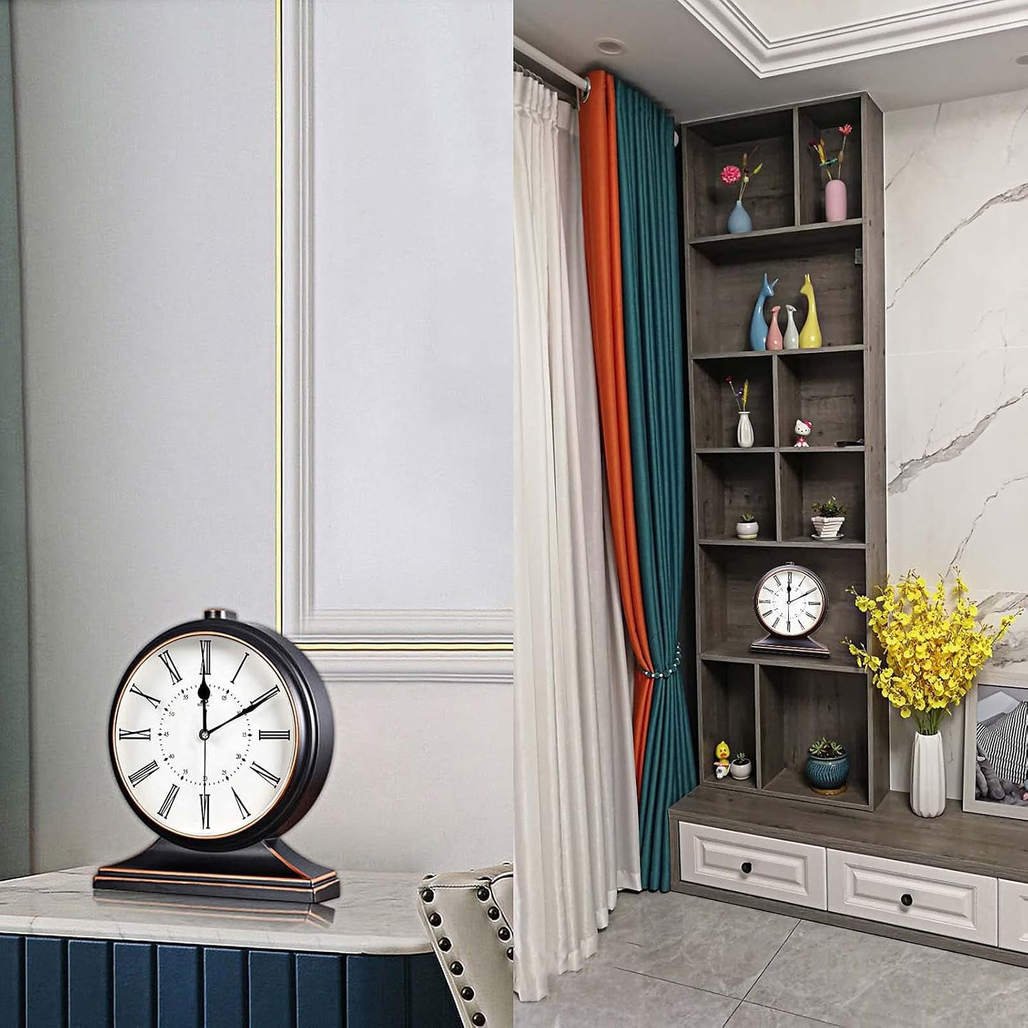 Silent Vintage Farmhouse Mantel Clock for Living Room 10-inch | Desk Clock Battery Operated for Table
