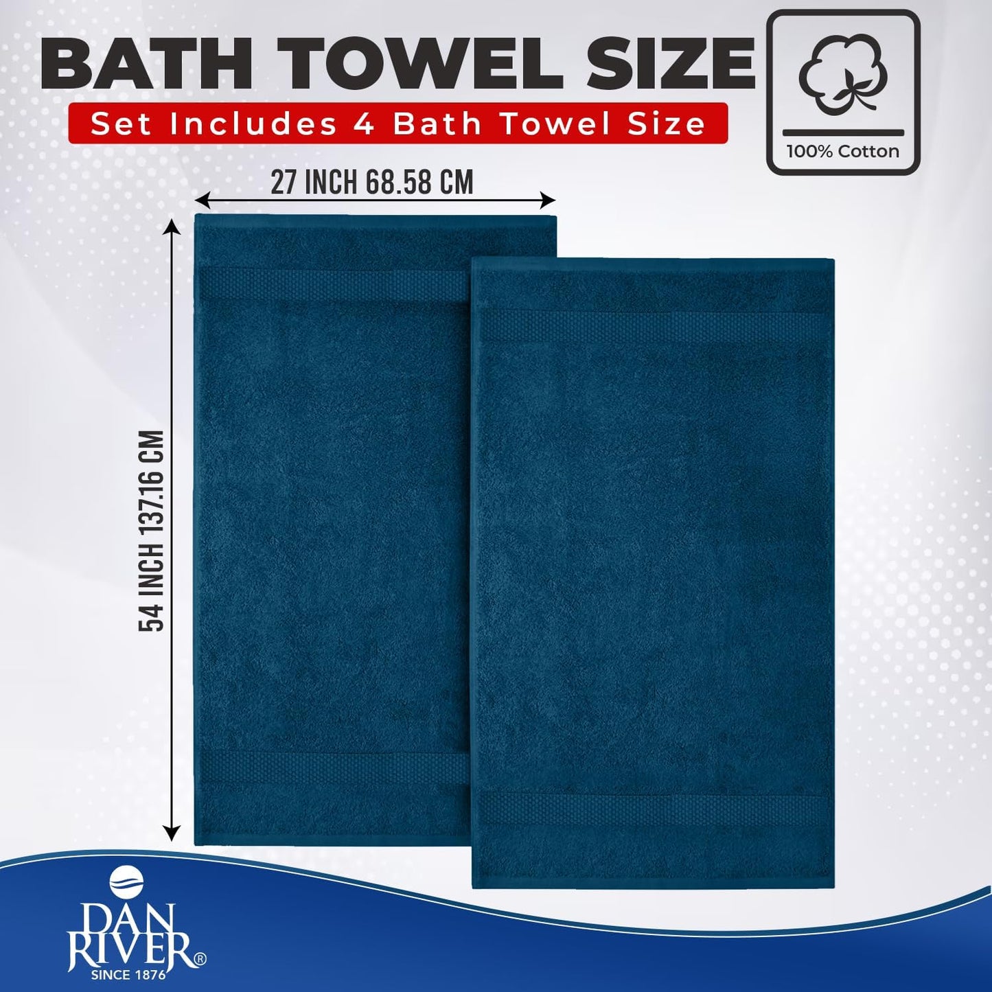DAN RIVER 600 GSM Cotton Large Bath Towels Set of 4, 27 x 54 Inches, Blue | Larger & Lighter Weight Towels for Bathroom