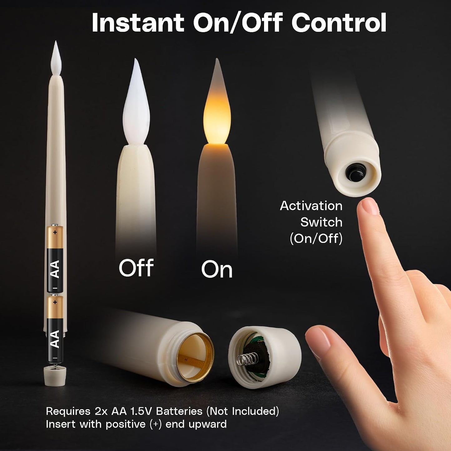 12 Pack, 11" Ivory Flameless LED Taper Flickering Candles Lights, Bottom On/Off Button (no Remote), Battery Operated