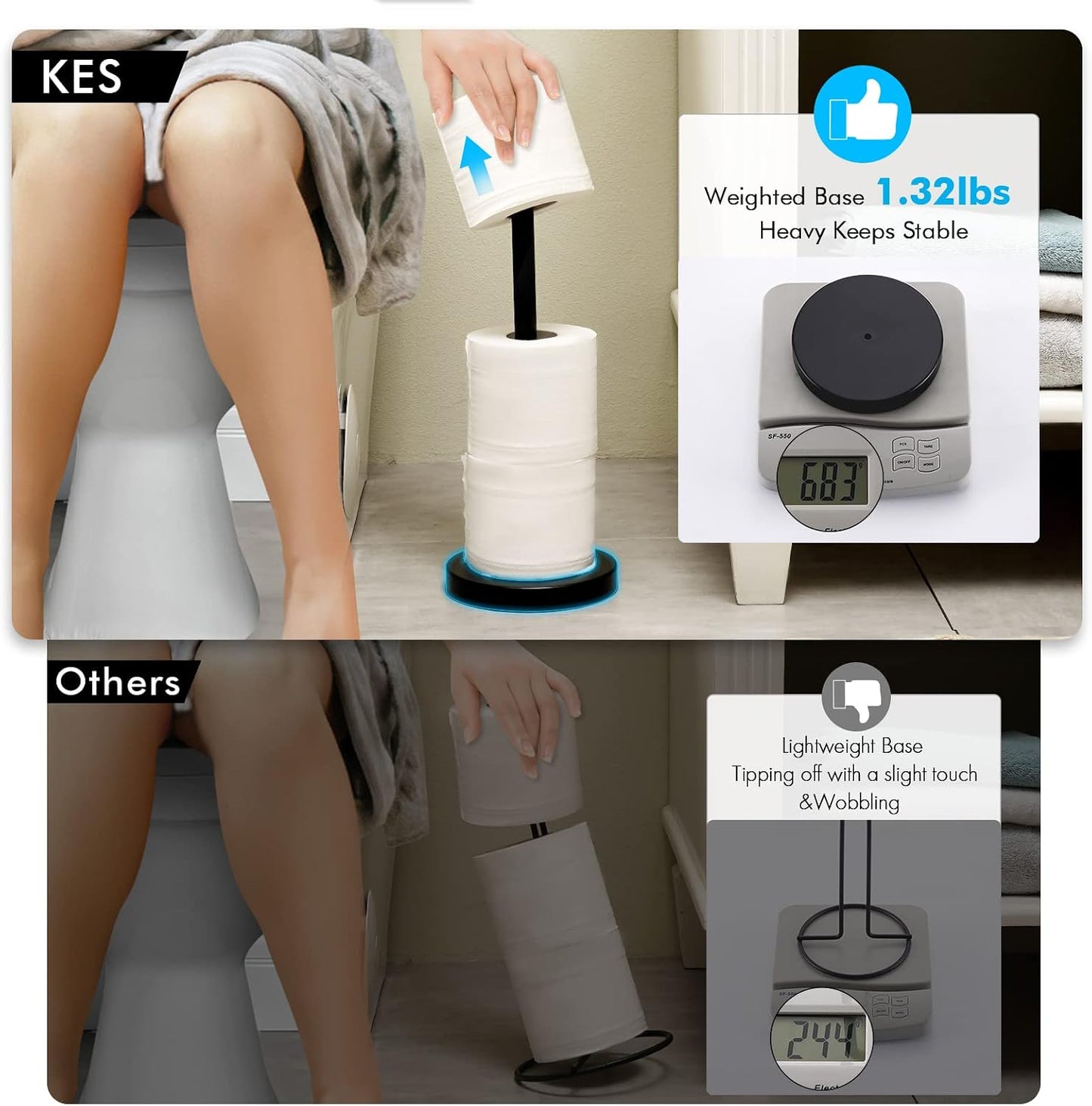 KES Toiler Paper Storage Stand, Heavy Base, 3 Rolls, Black | Freestanding Toilet Paper Holder Storage for Bathroom