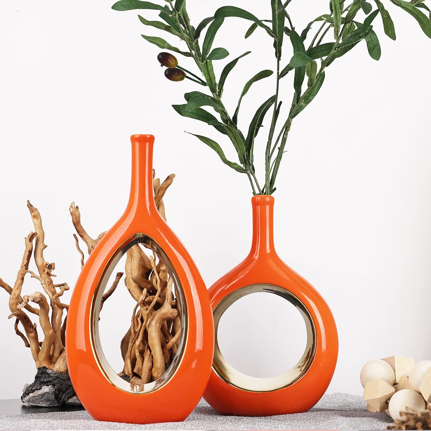 Modern Vases / Ceramic Orange and Gold Vase / Orange Gold / Set of 2