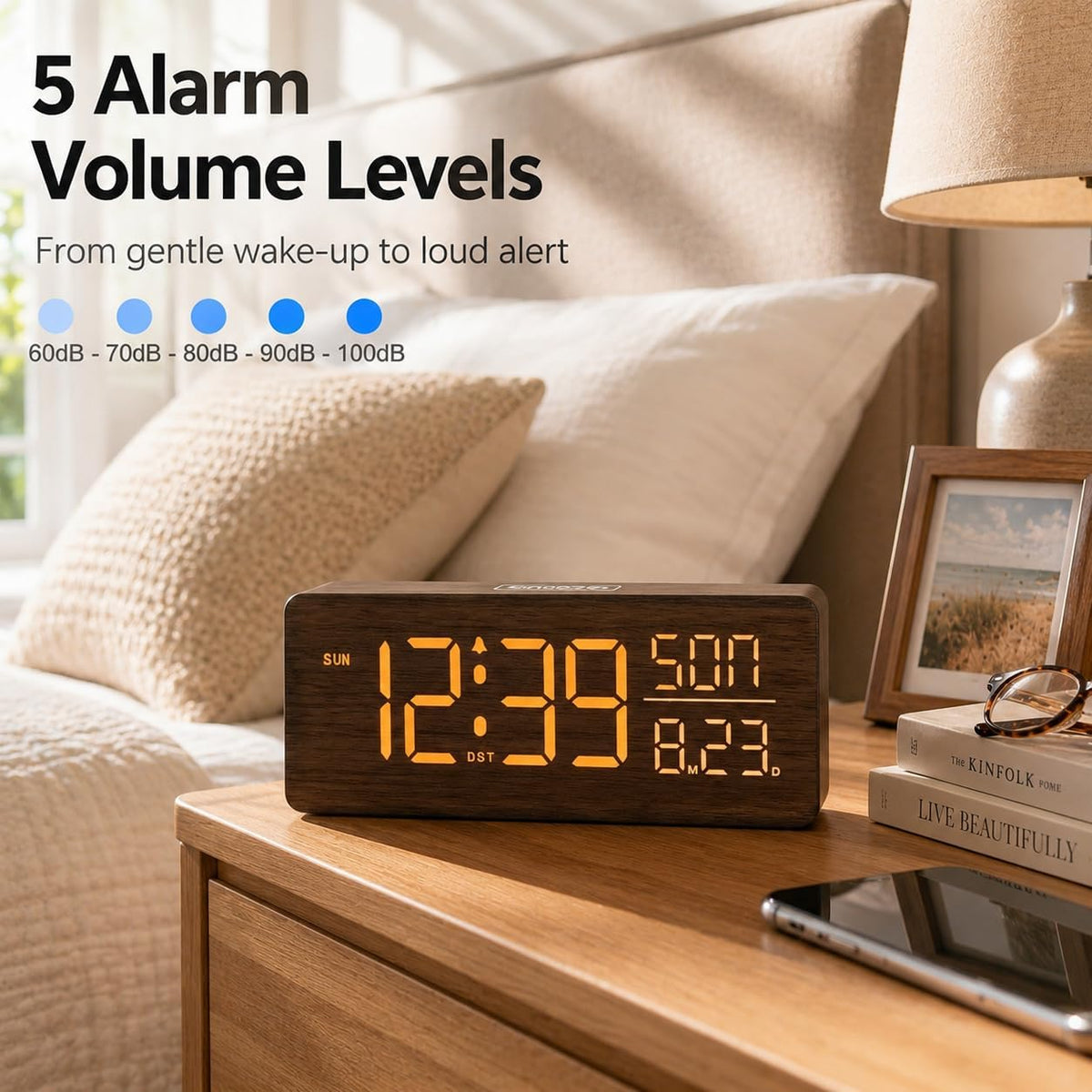 Peakeep Wooden Digital Alarm Clock Large Display, Textured Decoration | for Bedroom Living Room Desk Table, Electric