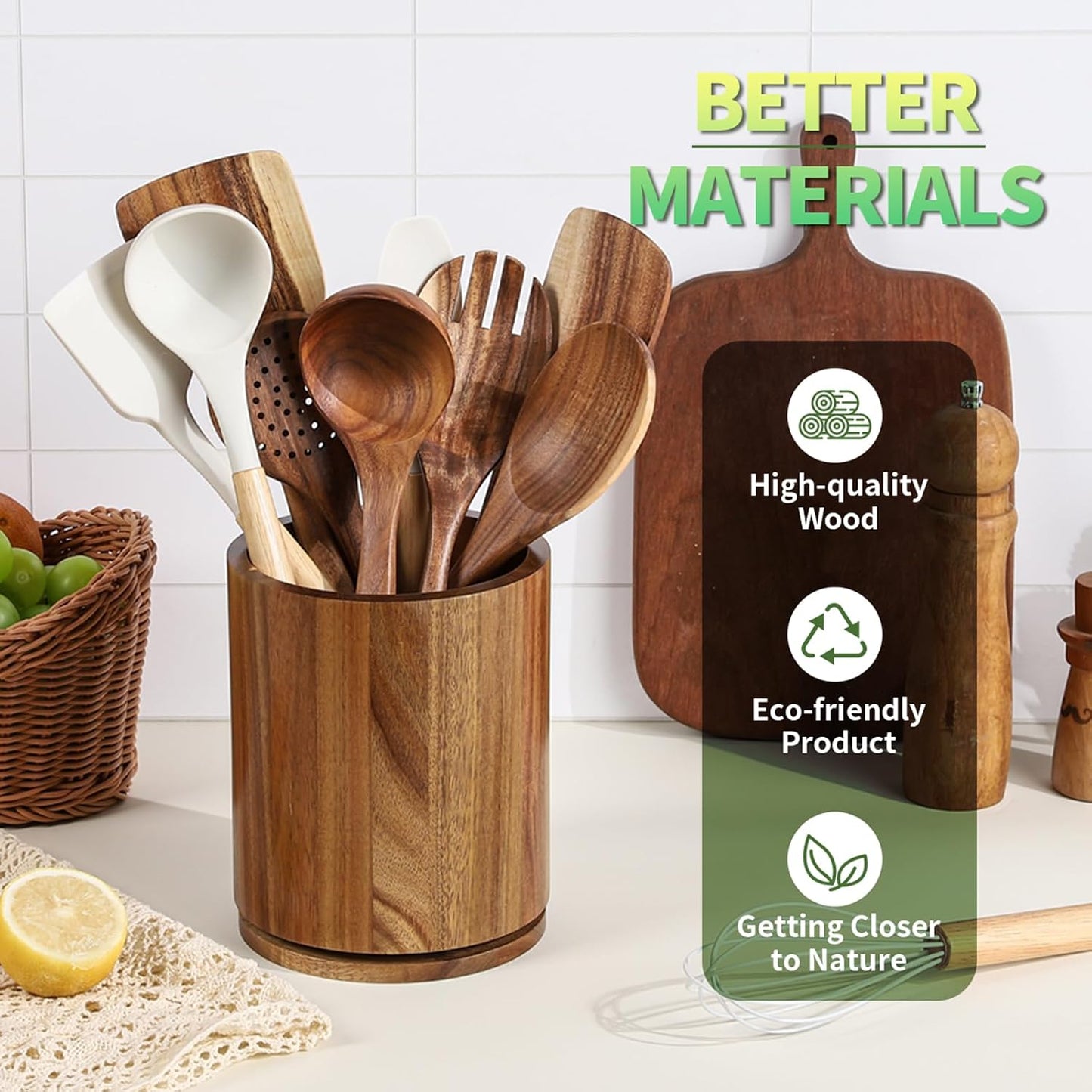 Acacia Wood Utensil Holder, 360° Rotating 7.3 in Kitchen Organizer | Rustic farmhouse countertop decor. Rotating base
