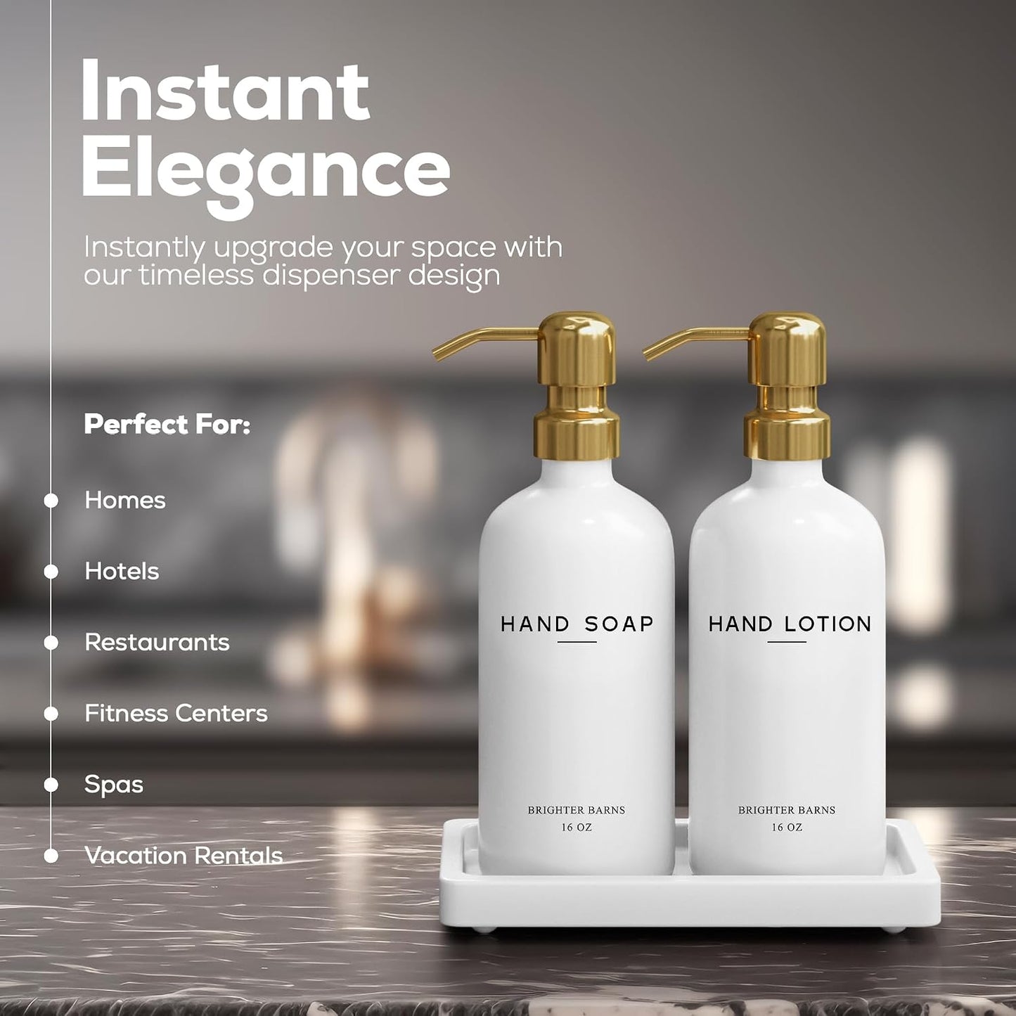 Luxury Glass Soap and Lotion Dispenser Set with Tray by Brighter Barns - Hand Soap Dispenser Bathroom Set & Stainless