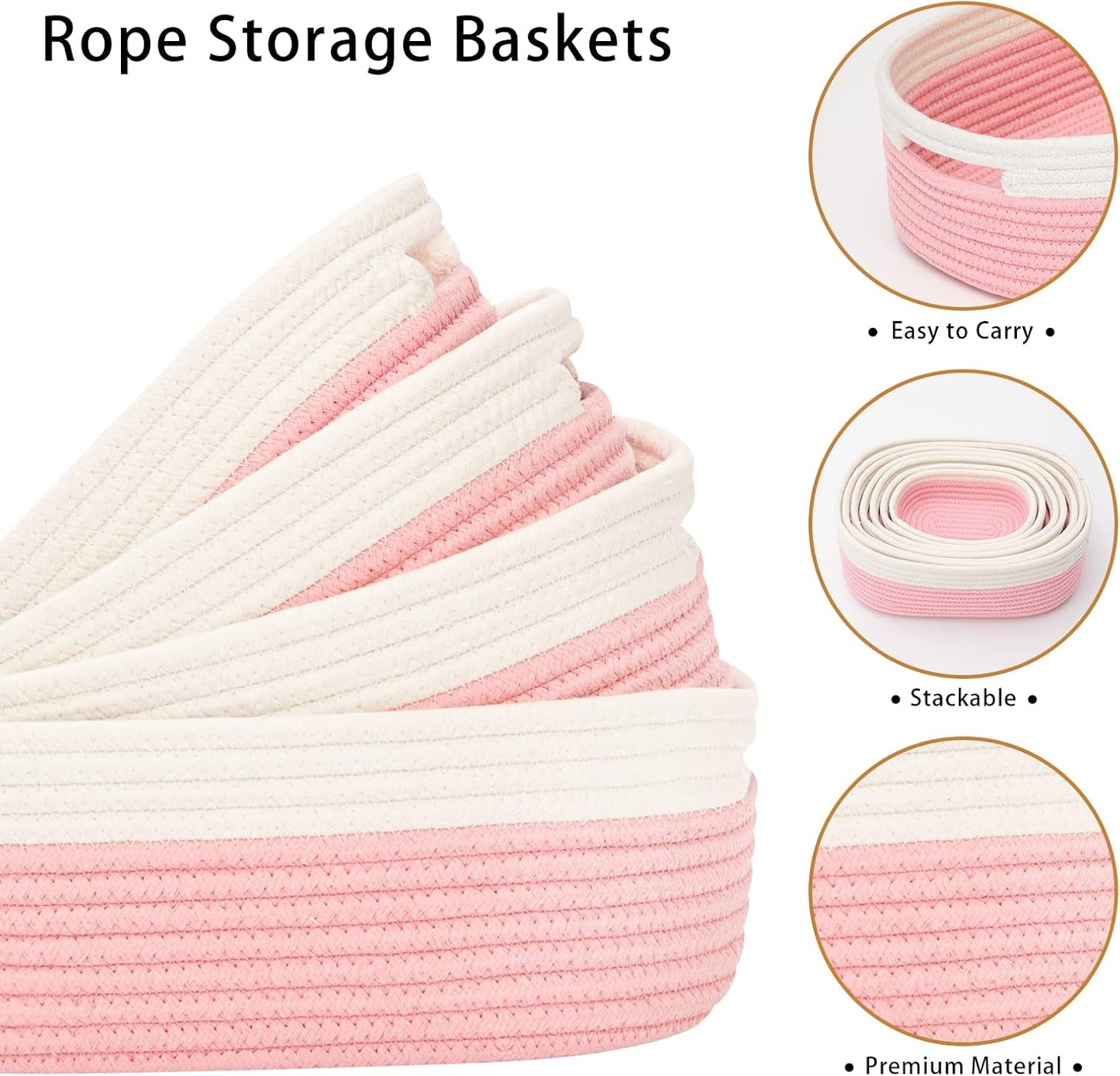 7 Piece Cotton Rope Woven Basket Set / OFF WHITE & PINK