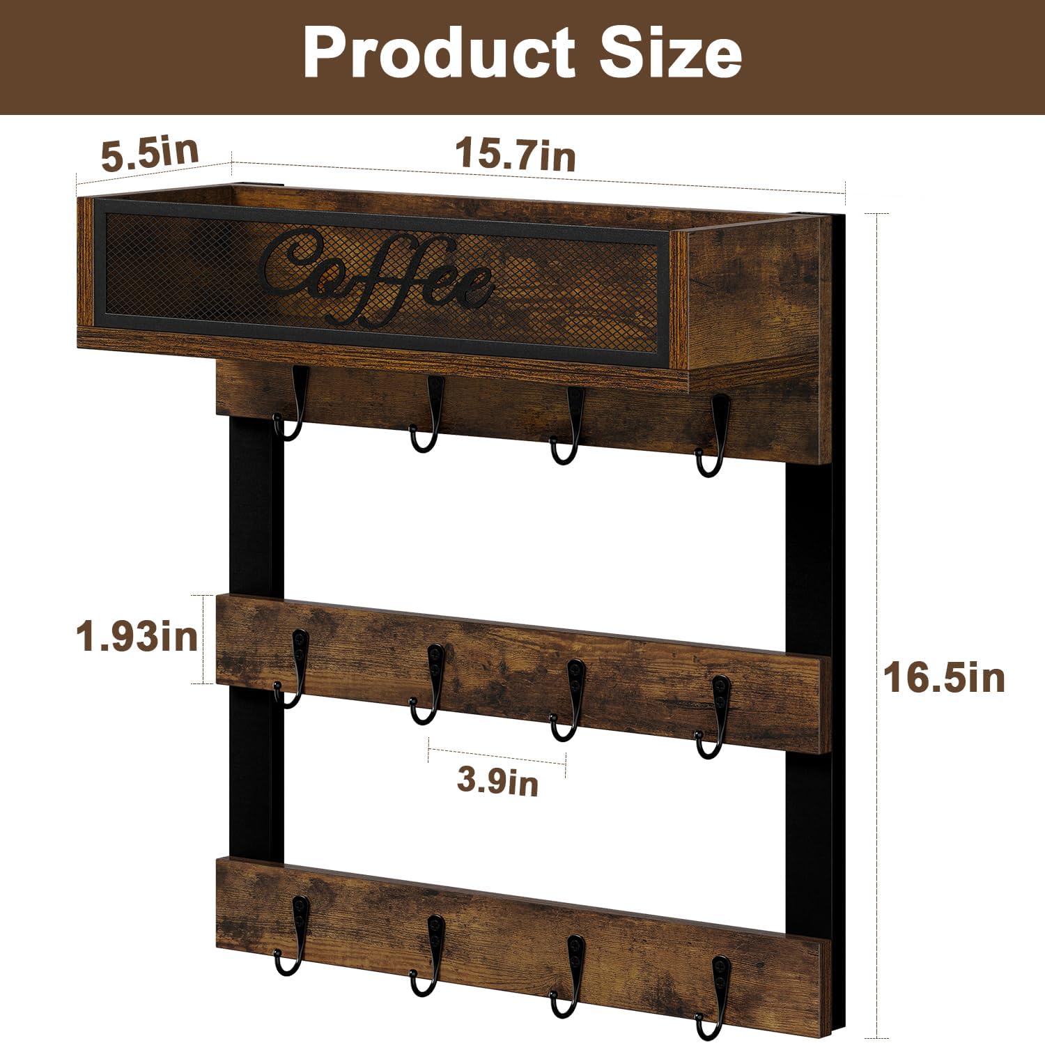 YINMIT Coffee Cup Holder Wall Mounted, 12-Hook Mug and Shelf for Coffee Bar | Rustic Coffee Mug Holder with Plus a Top