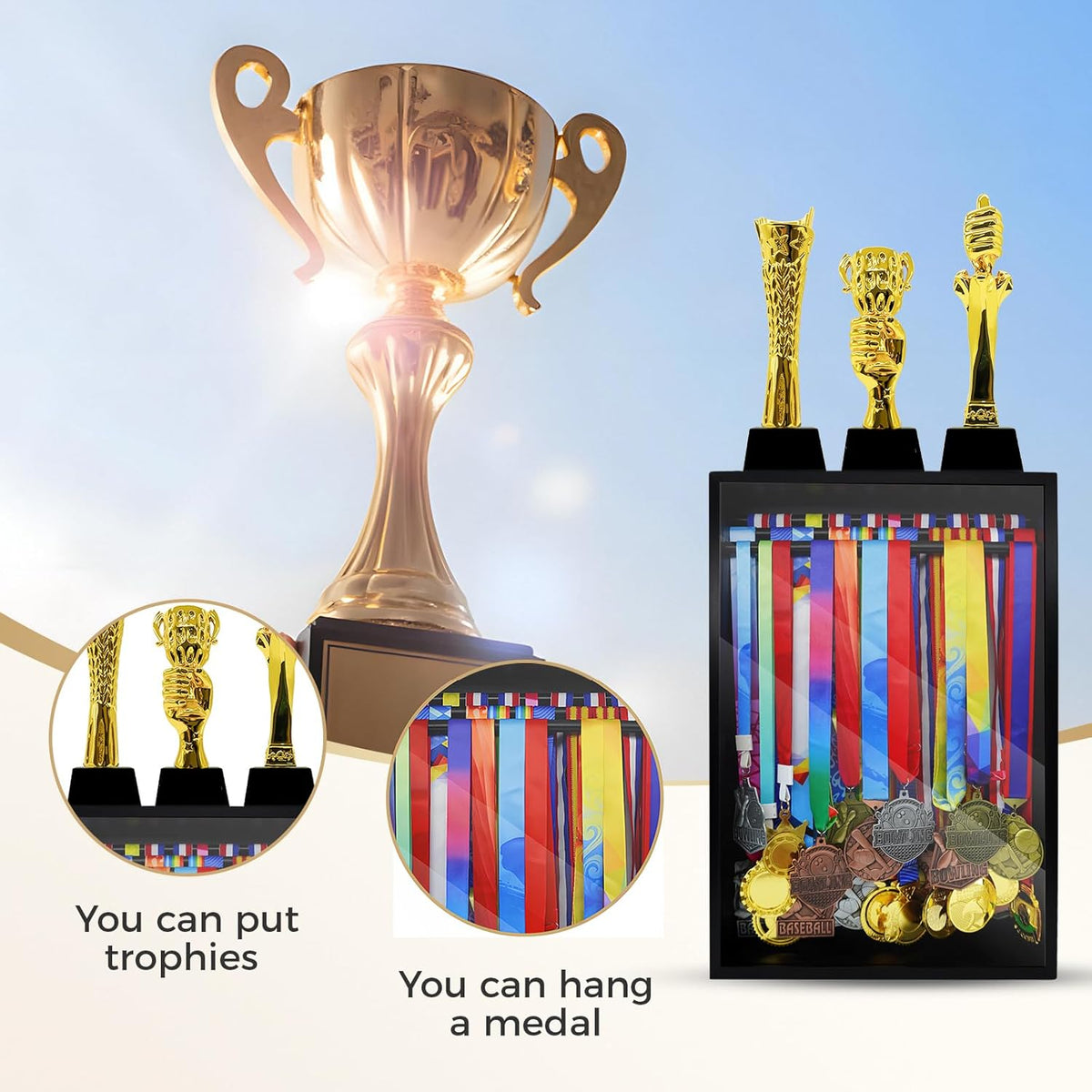 Medal Hanger Display Case, Holds 60+ Medals, HD Tempered Glass | Solid Wood Dust-Proof 22"x15" Wall Mount medal holder