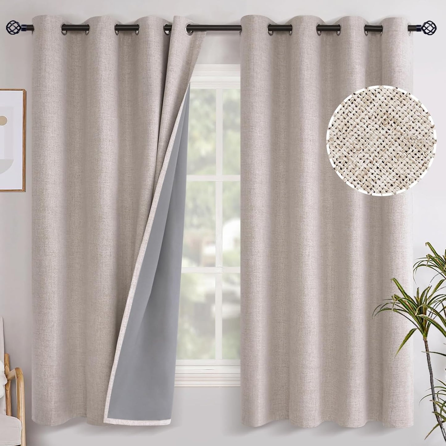 MIULEE 100% Blackout Linen Curtains for Bedroom 52x45 Inches Cobblestone