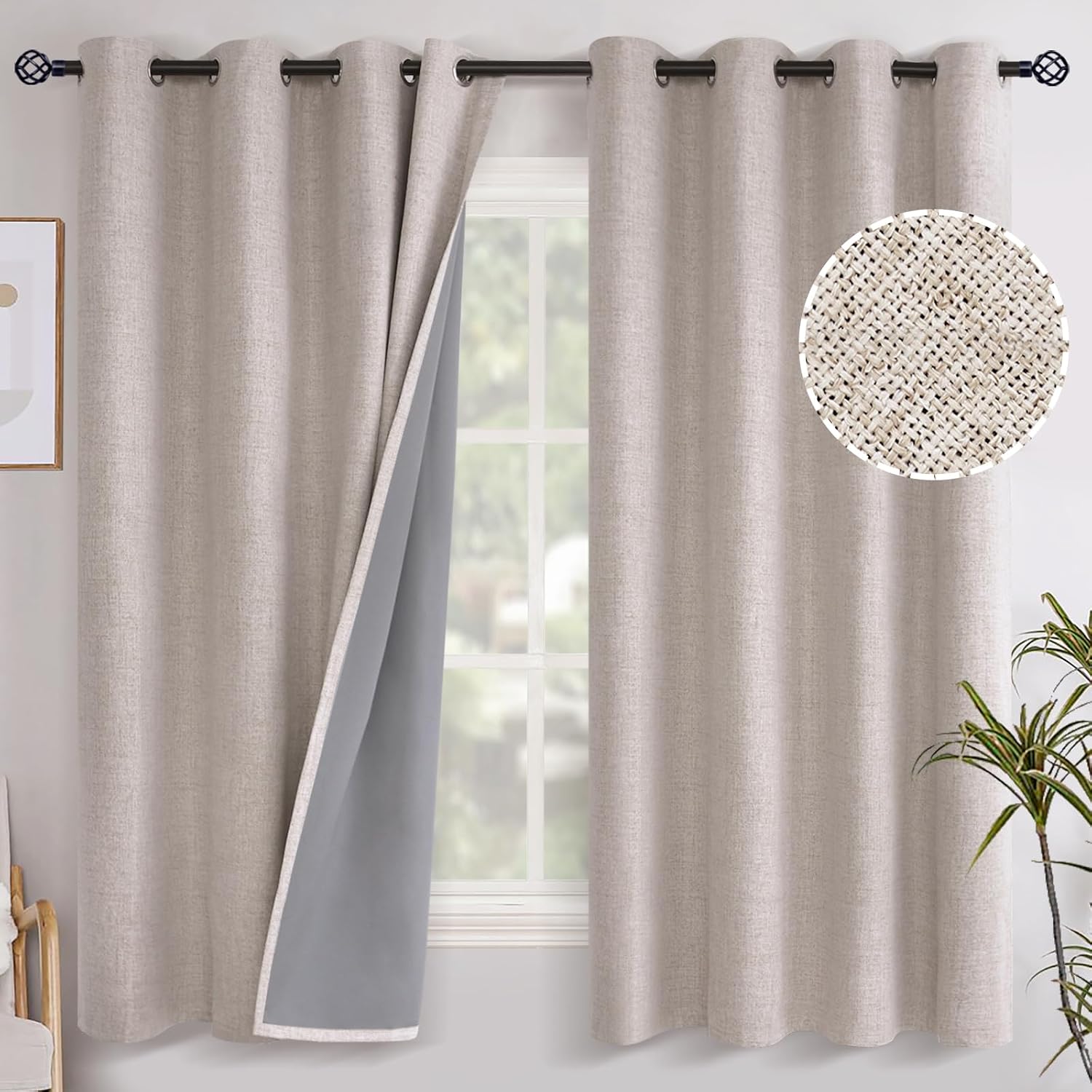 MIULEE 100% Blackout Linen Curtains for Bedroom 52x45 Inches Cobblestone