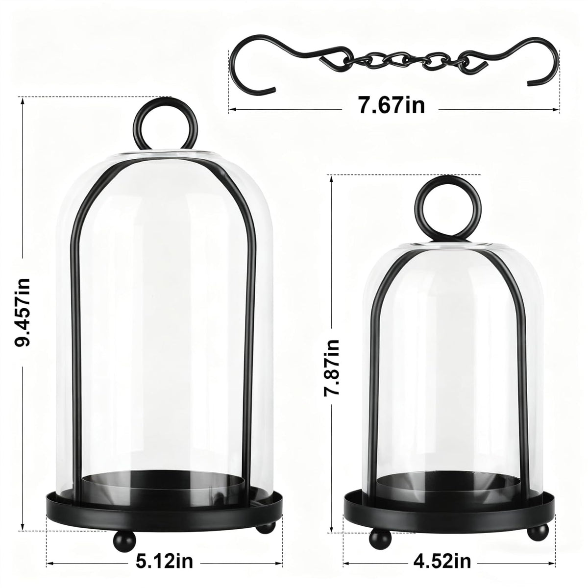 Glass Hurricane Candle Holder Decorative Black Metal Pillar Candle Lantern | Set of 2, Hanging Candlestick Holders
