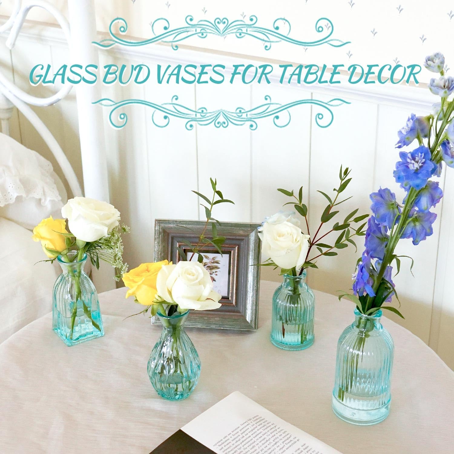 Glass Vase / Modern Ribbed Glass Bud Vase Wedding Flower Vase / Blue / 2 Packs