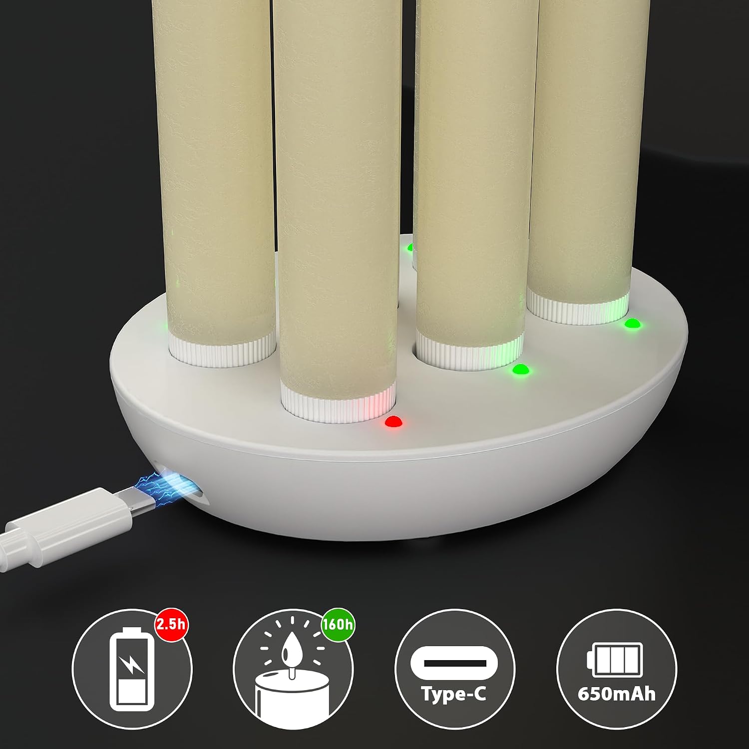 Rechargeable Flameless Taper Candles with Remote, Charging Base, 6 Pcs | 0.78x9.6" ivory wax LED tapers, 3D flicker