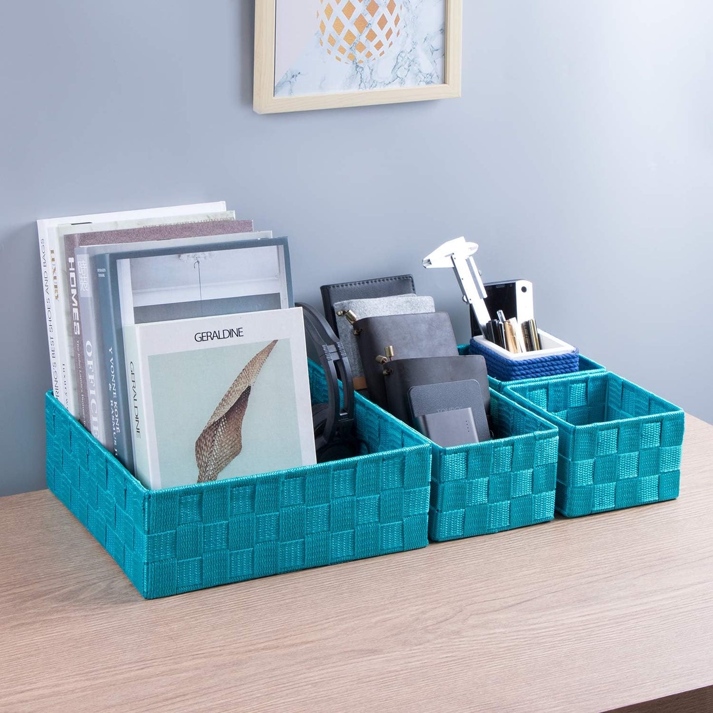 Woven Storage Baskets for Organizing / Aqua / Black