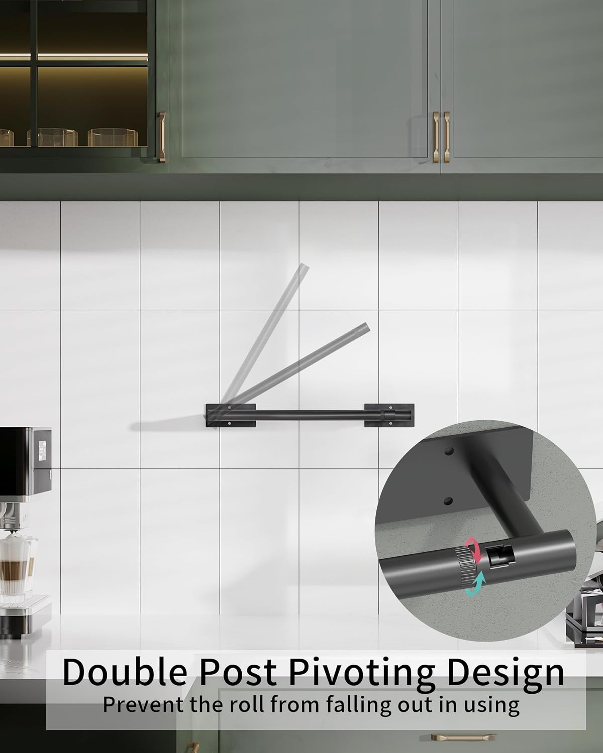 Black Paper Towel Holder Under Cabinet with 2 Hooks Self Adhesive | 304 Stainless Steel Post Pivoting Design Wall