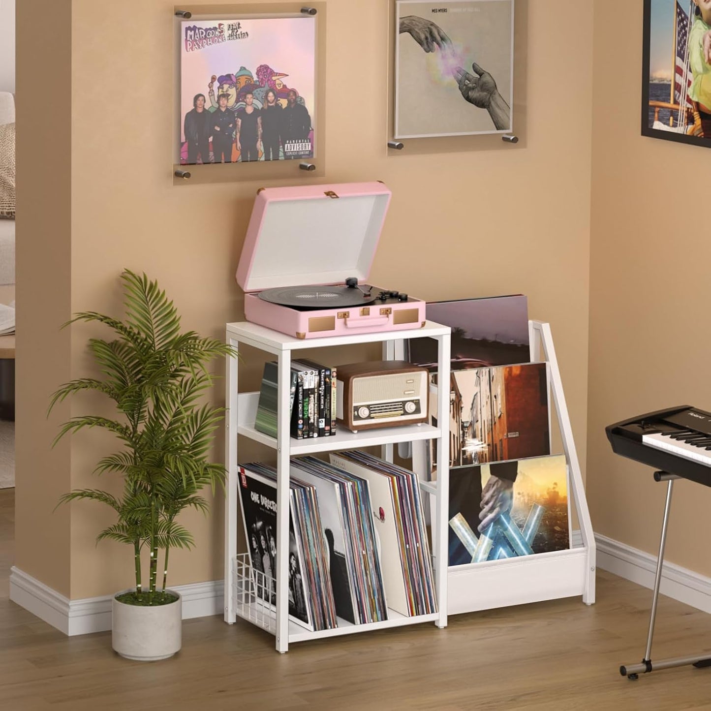 Record Player Table,Turntable Shelf with Vinyl Storage Up to 150 Albums,White Side Table with 3 Tier Magazine