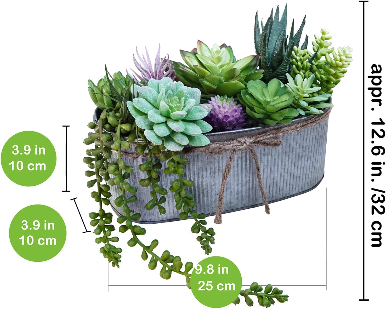 10" Artificial Succulent Arrangement Centerpiece Fake Succulent Plants in Rustic Metal Oval Planter