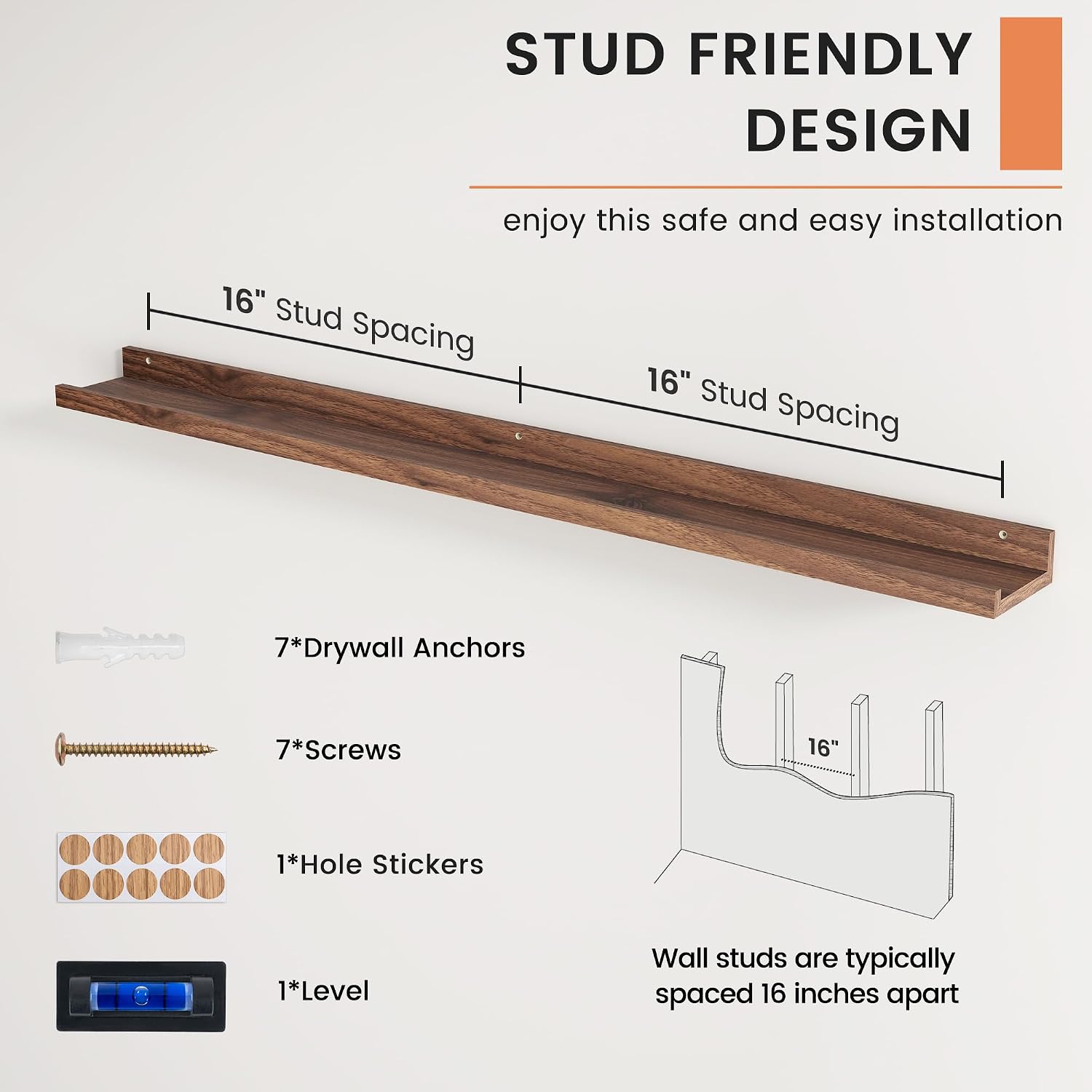 Picture Ledge Shelf, Floating Shelves for Wall, 48" W Set of 2, Walnut | FSC Certified Engineered Wood, Wall Mounted
