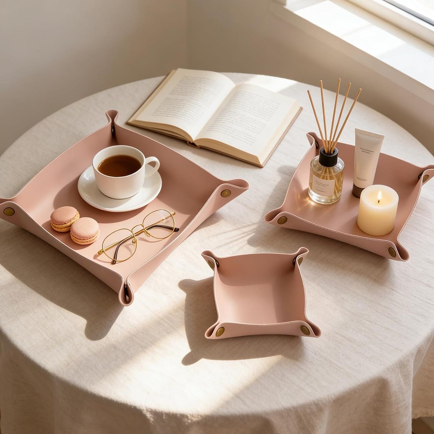 3 packs PU Leather Tray in 3 Sizes Jewelry Tray Glossy Leather Desk Organizer Leather / Morandi Pink