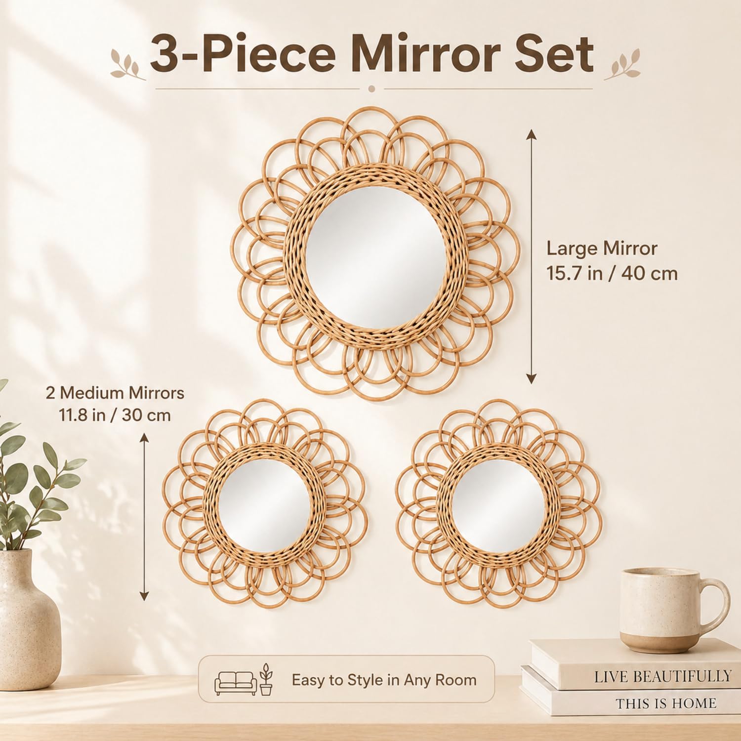 Boho Rattan Mirror Wall Hanging Decor / Set of 3