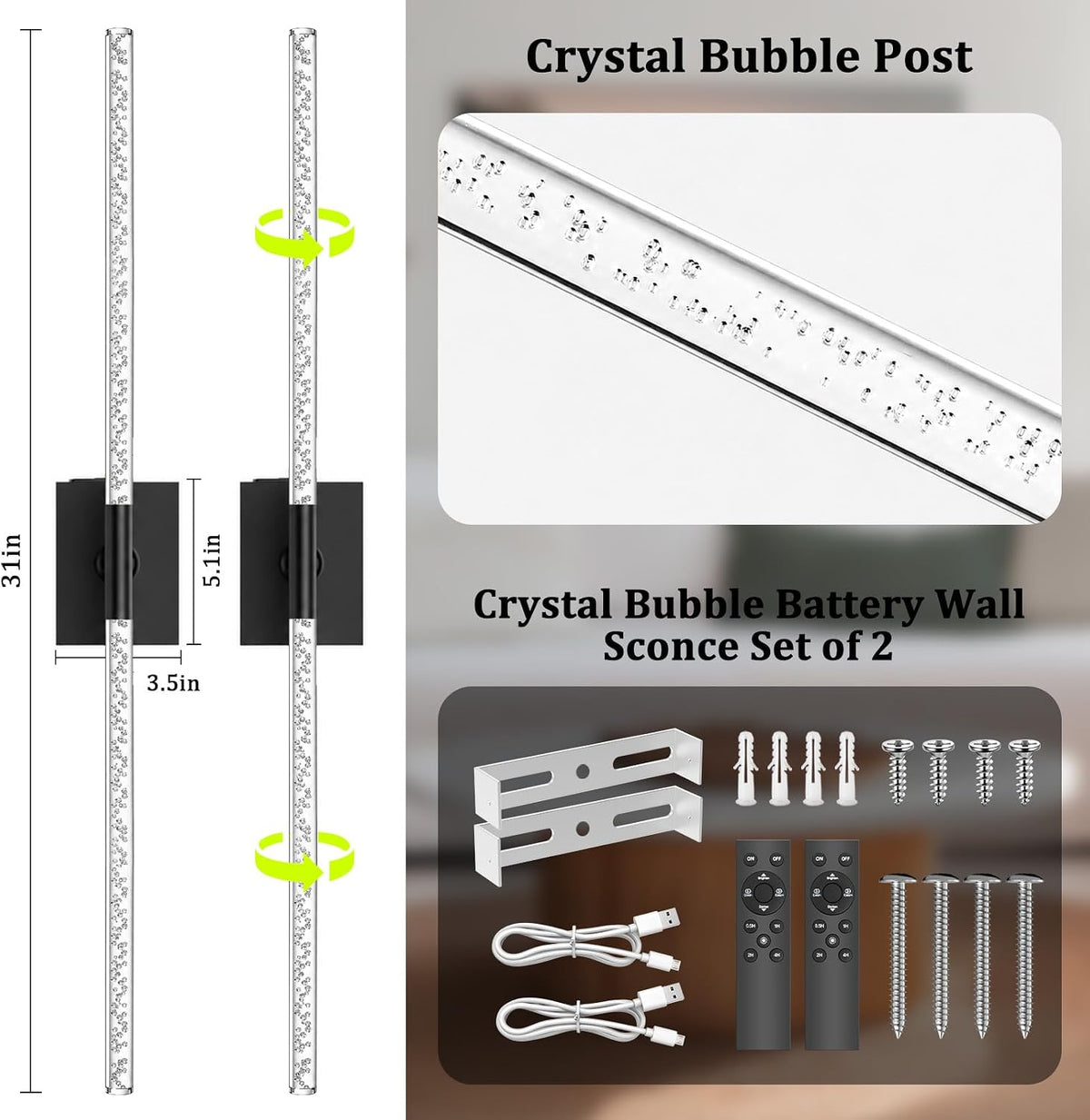 Battery Operated Wall Sconces Set of 2, 10000mAh, Black Bubble | wireless crystal wall lights rechargeable with Remote