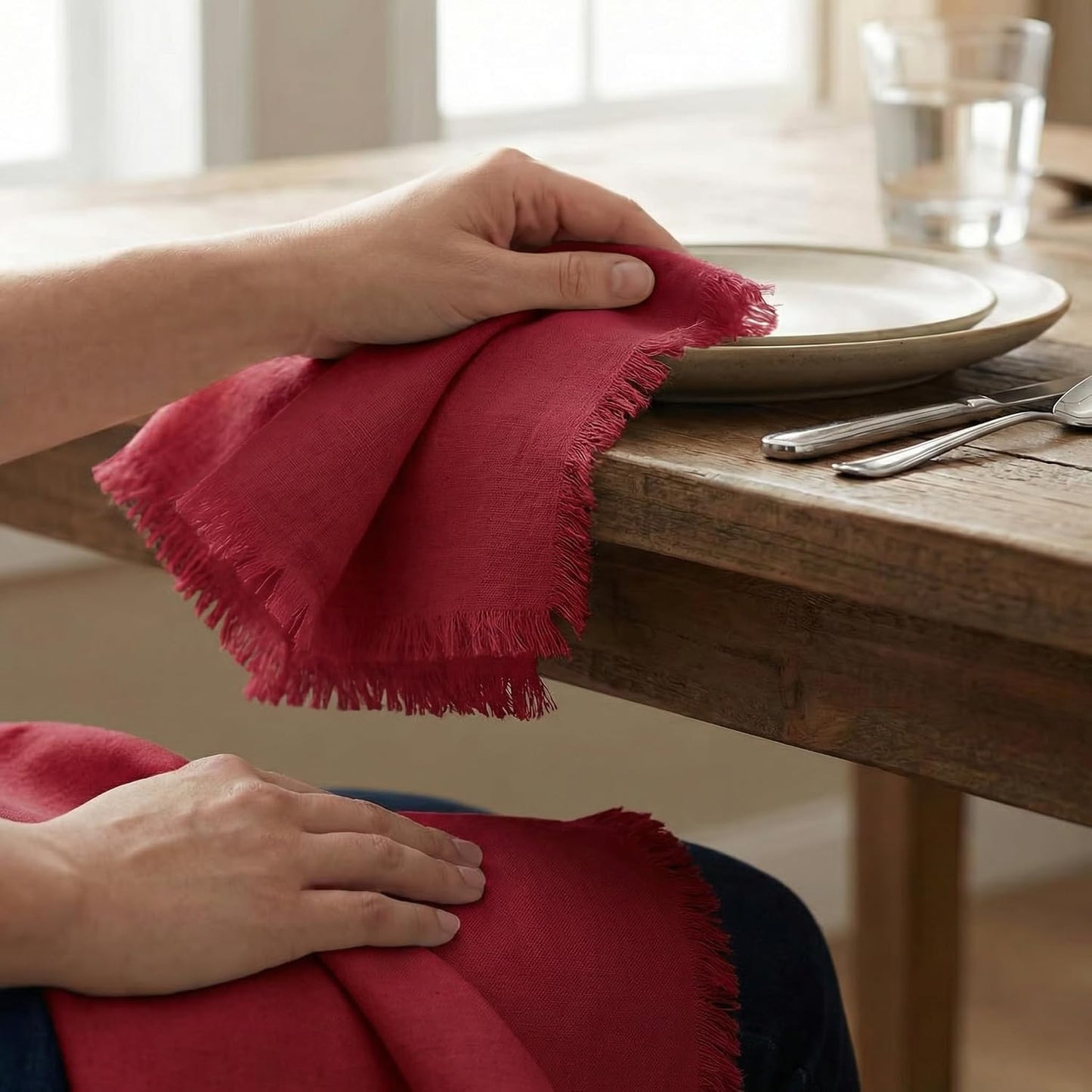 ACCENTHOME Red Cotton Linen Napkin Set of 12 18x18 inch Dinner Napkins | Cotton Linen Blend Napkins, Machine Wash On